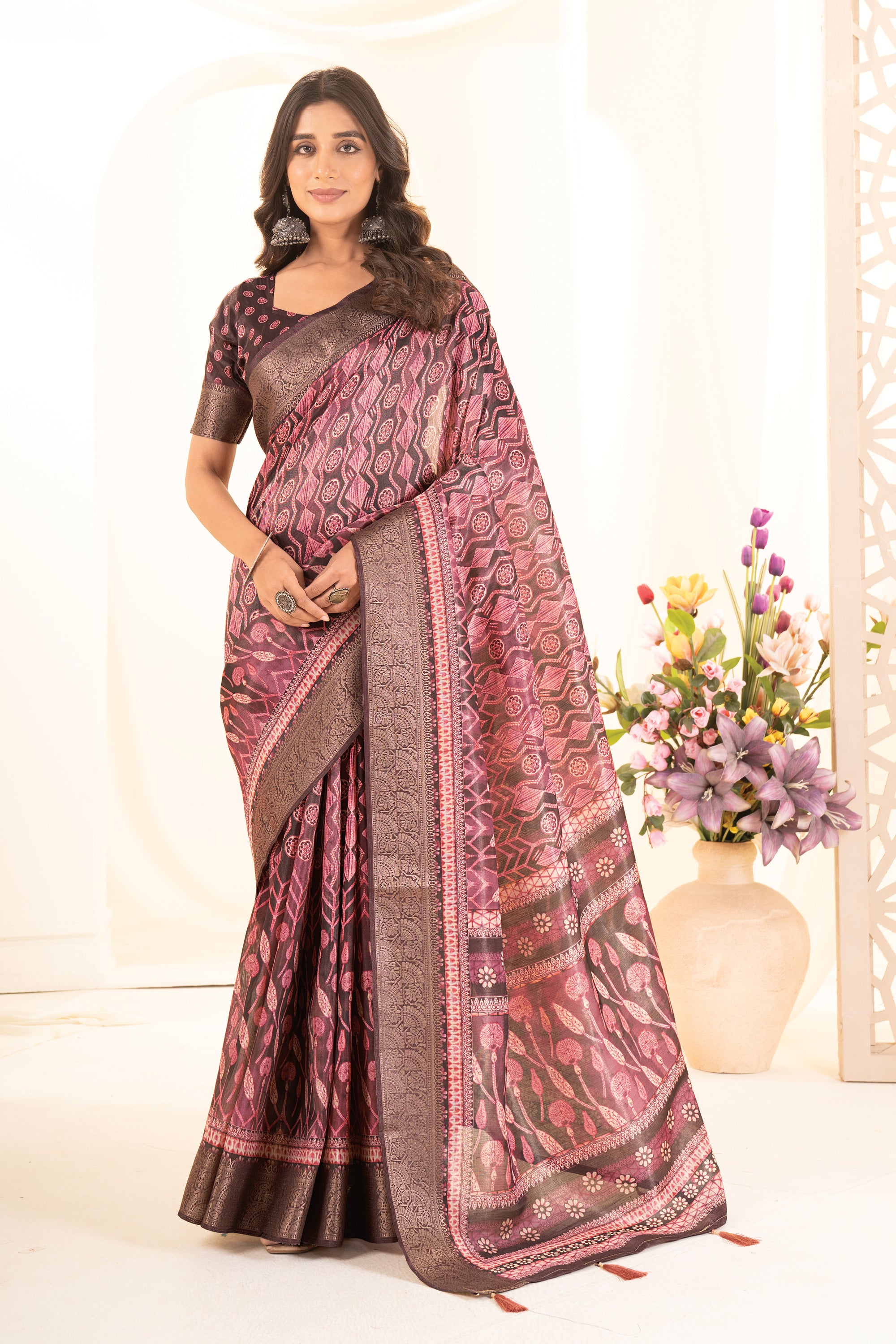 Cherry Red Ajrak Print Tusser Silk Saree