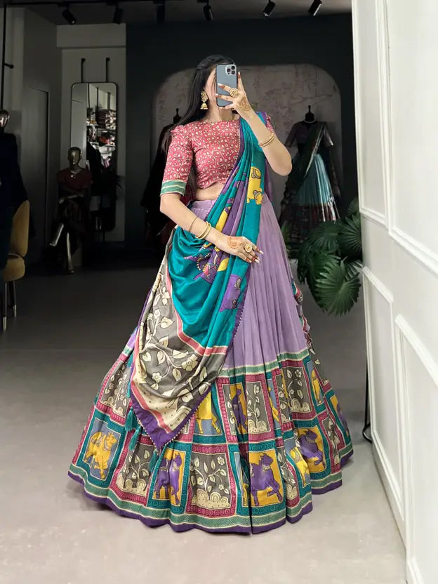 Lavender Patola Silk Chaniya Choli with Teal Dupatta