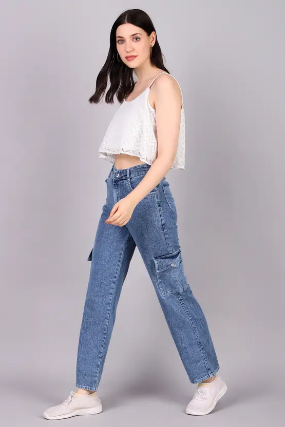 Women Ice Blue Cargo Stretchable Baggy Denim Jeans