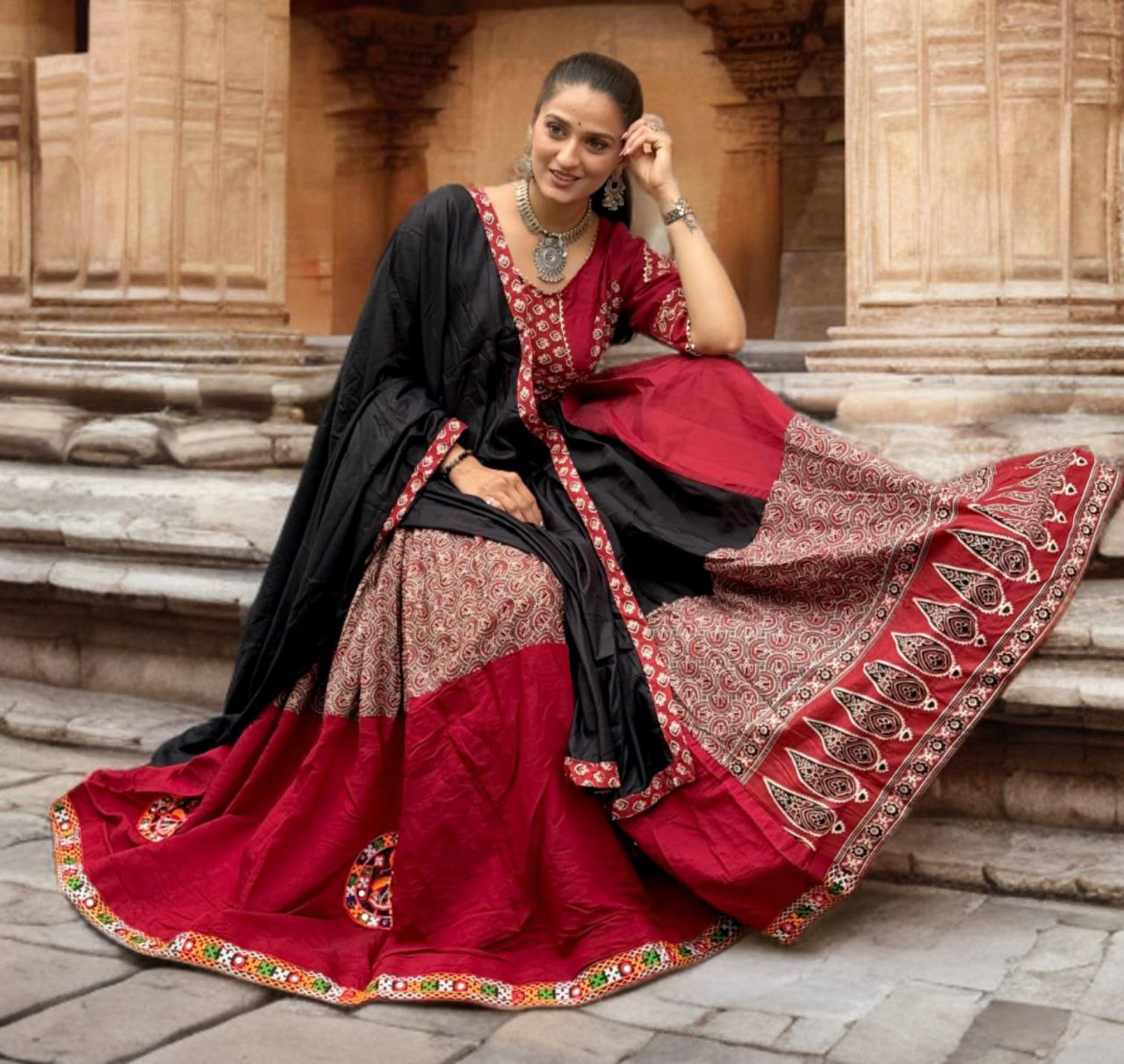 Silk Cotton Black Printed Ghamti Work Navratri Chaniya Choli