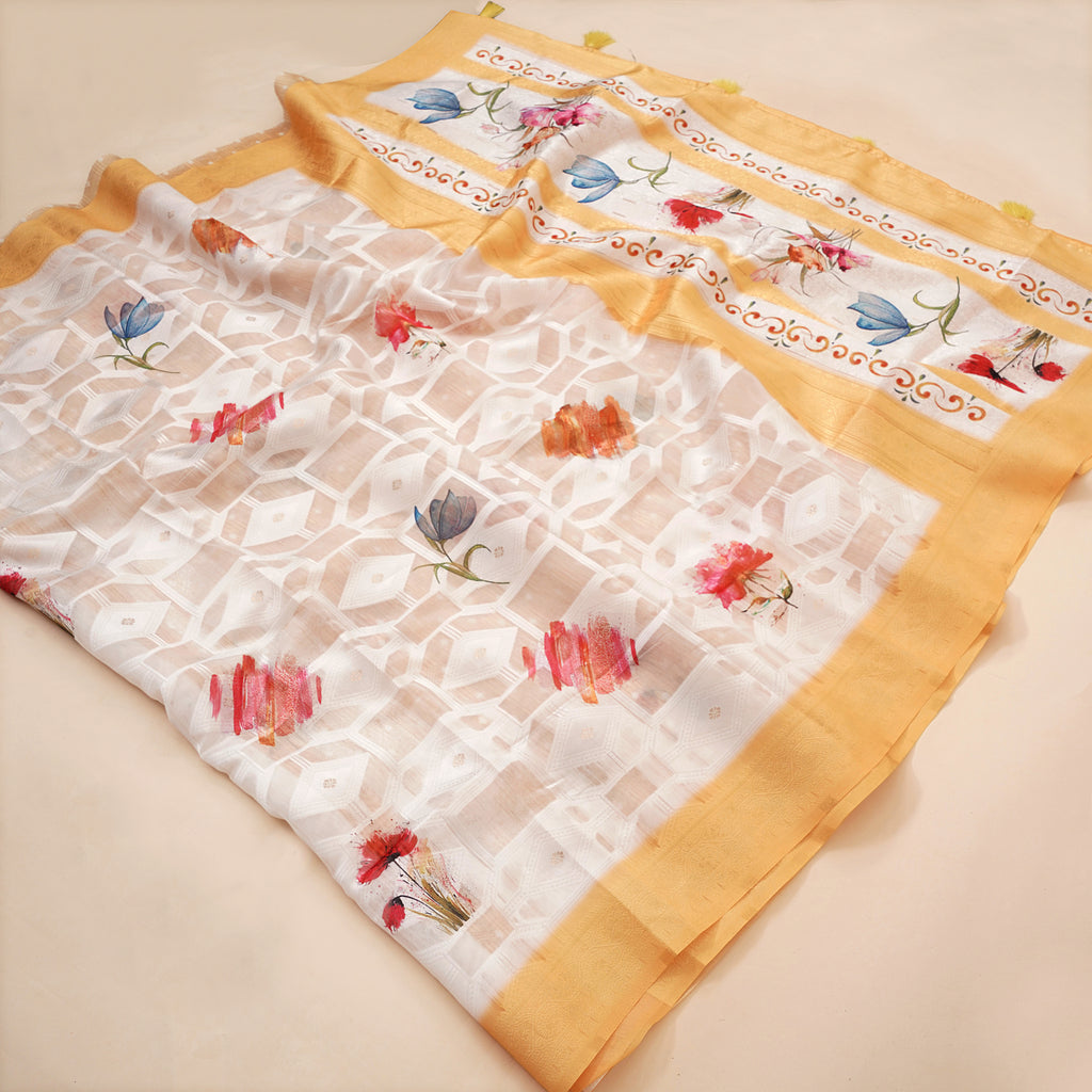 Lakhnavi Yellow Cotton Digital Floral Printed Saree
