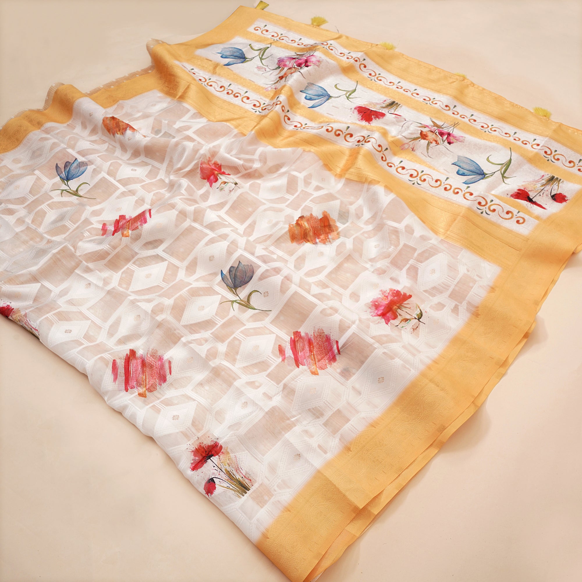 Lakhnavi Yellow Cotton Digital Floral Printed Saree