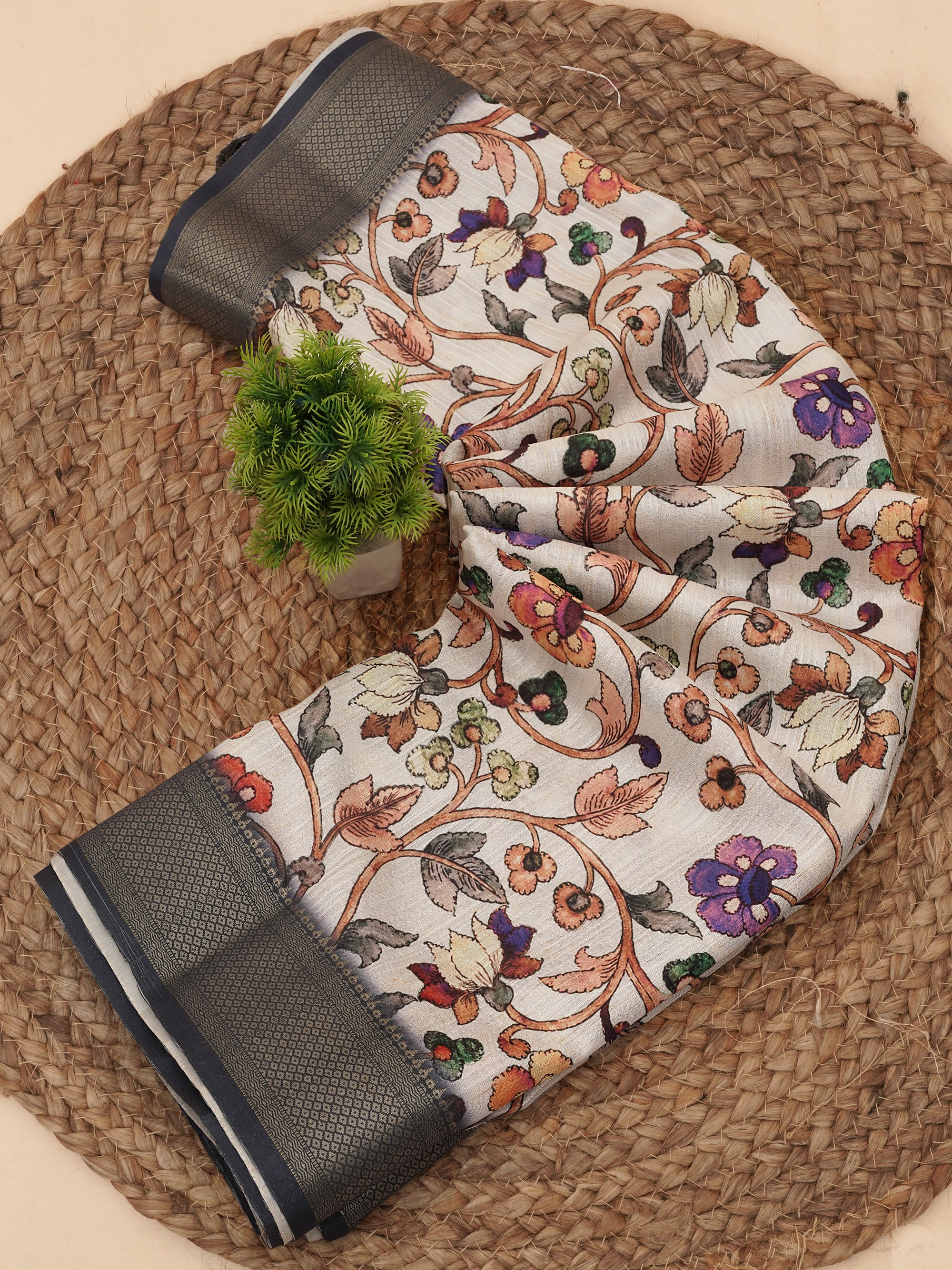 Cream Bhagalpuri Kalamkari Spun Cotton Zari Digital Print Saree