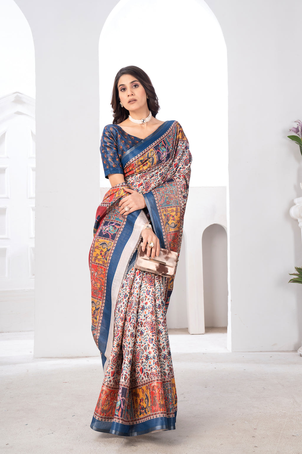Traditional Kashmiri Bhagalpuri Printed Charcoal Tissue Saree