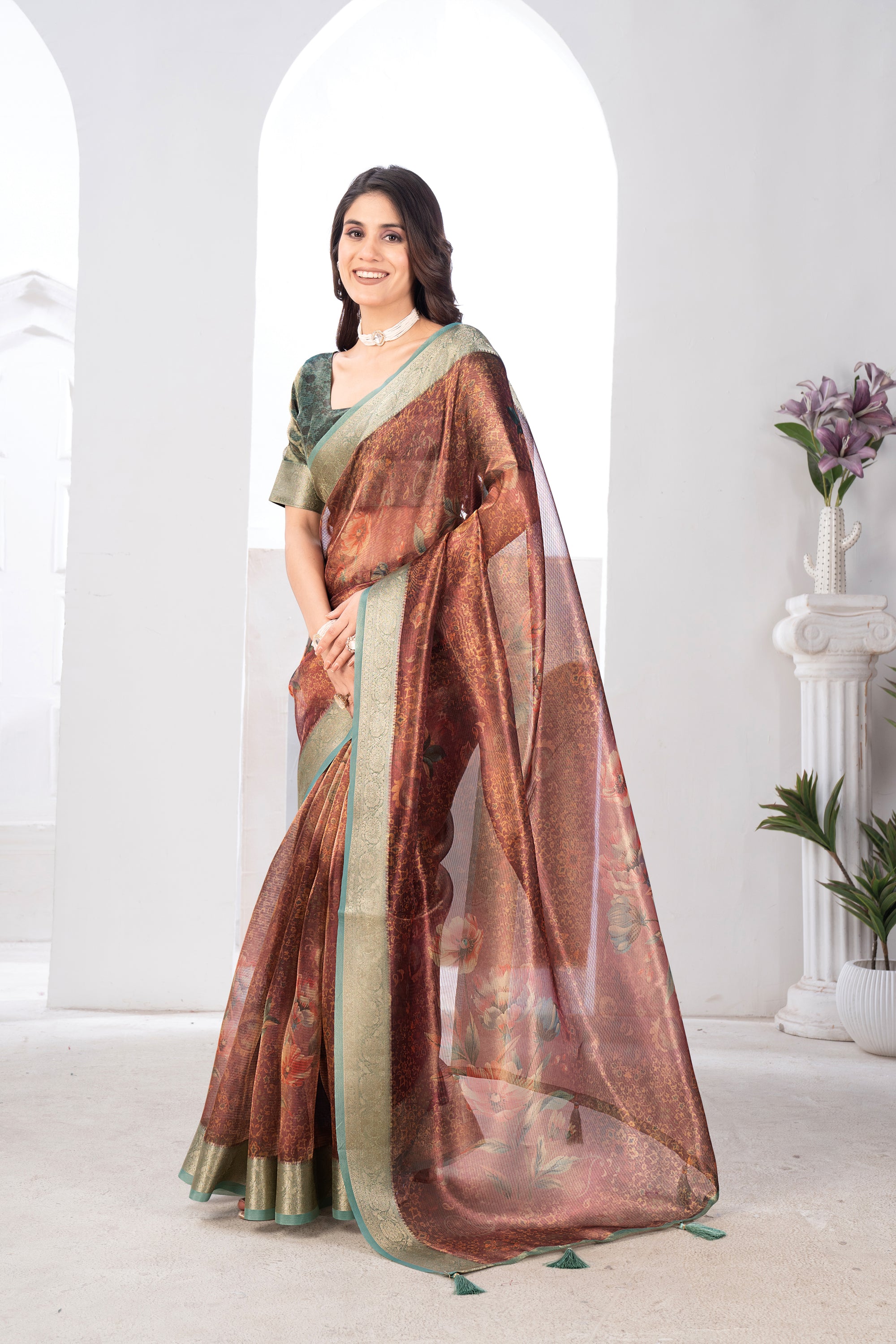 Organza Rust Orange Cotton Digital Floral Saree