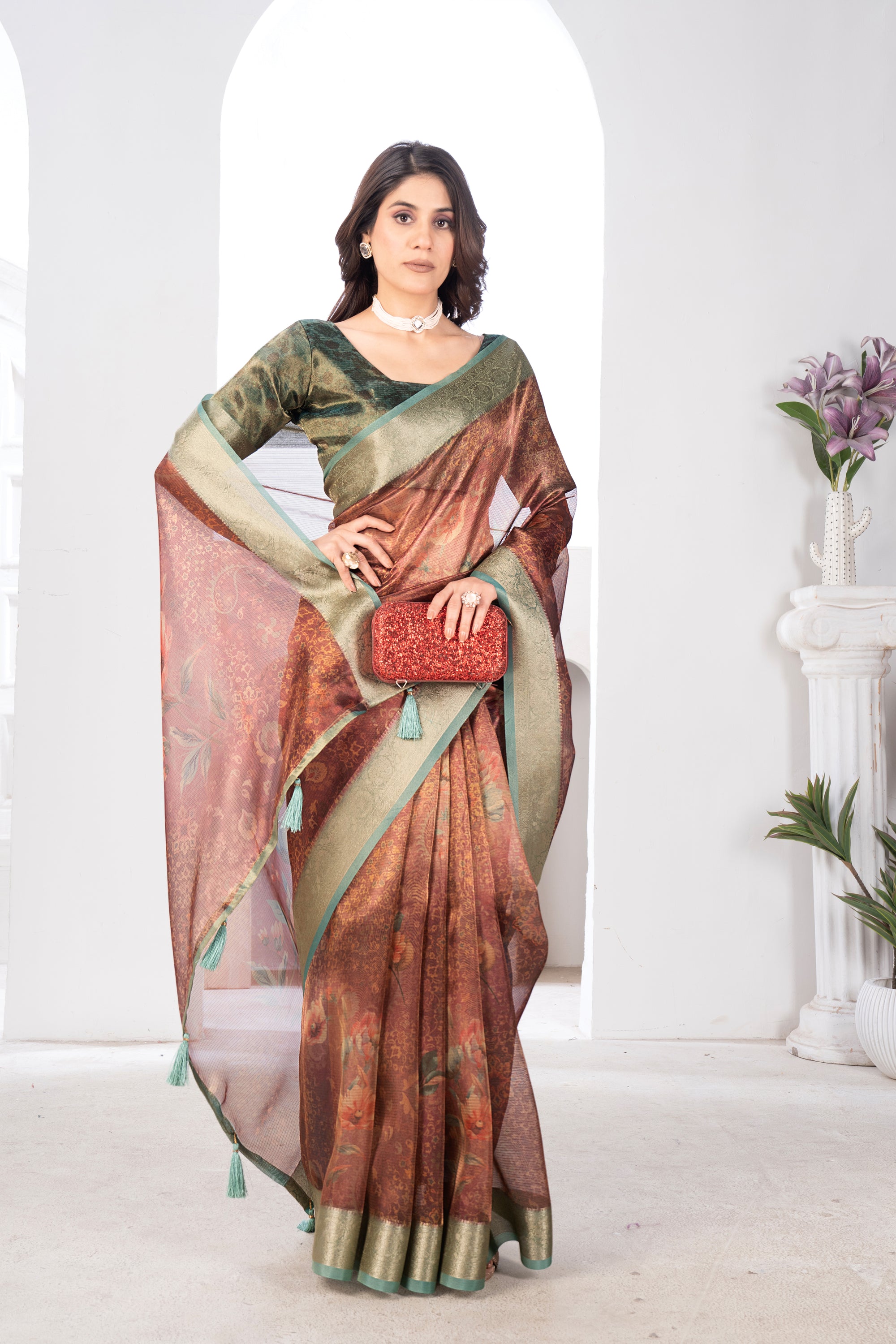Organza Rust Orange Cotton Digital Floral Saree