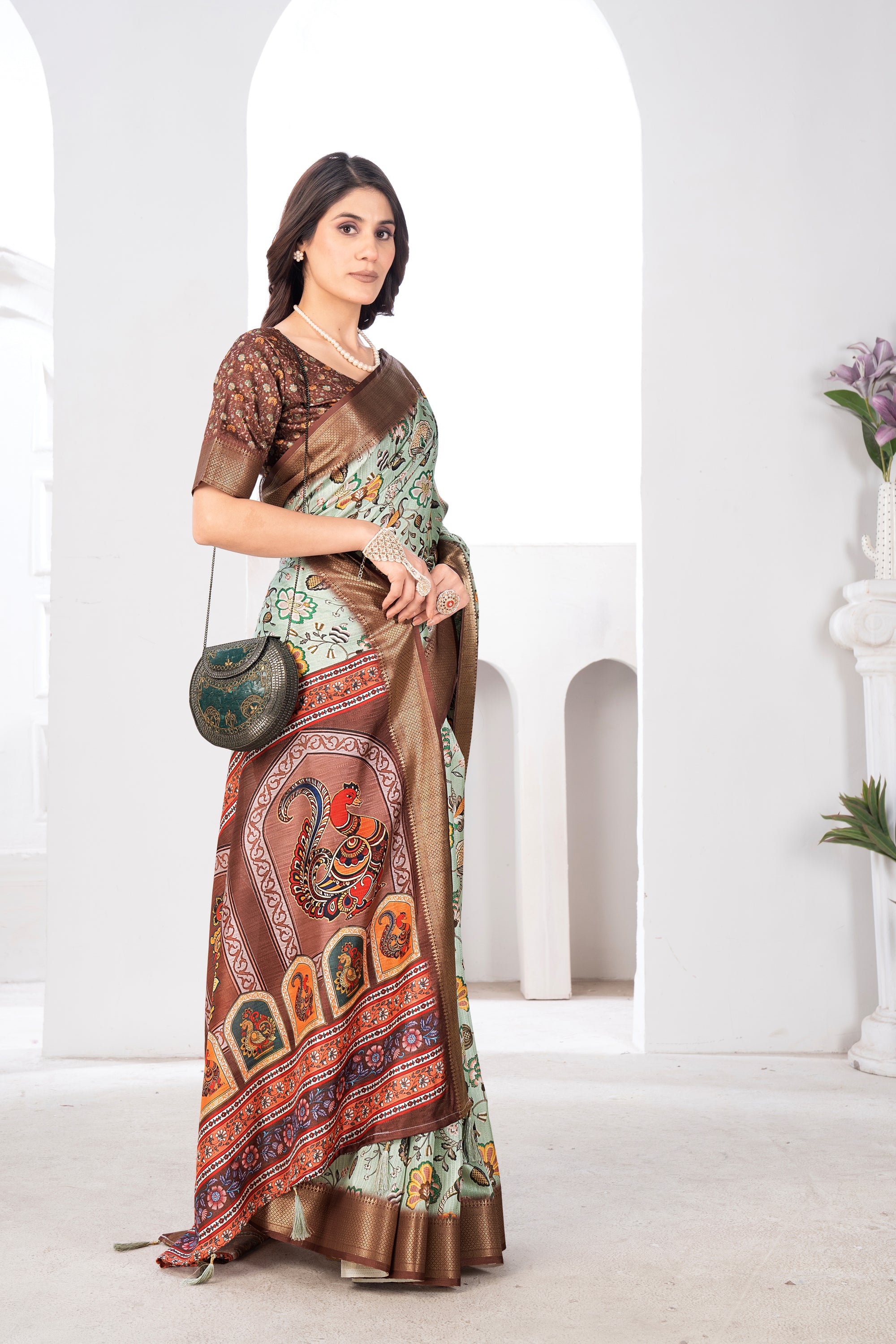 Pista Green Bhagalpuri Kalamkari Spun Cotton Zari Digital Print Saree