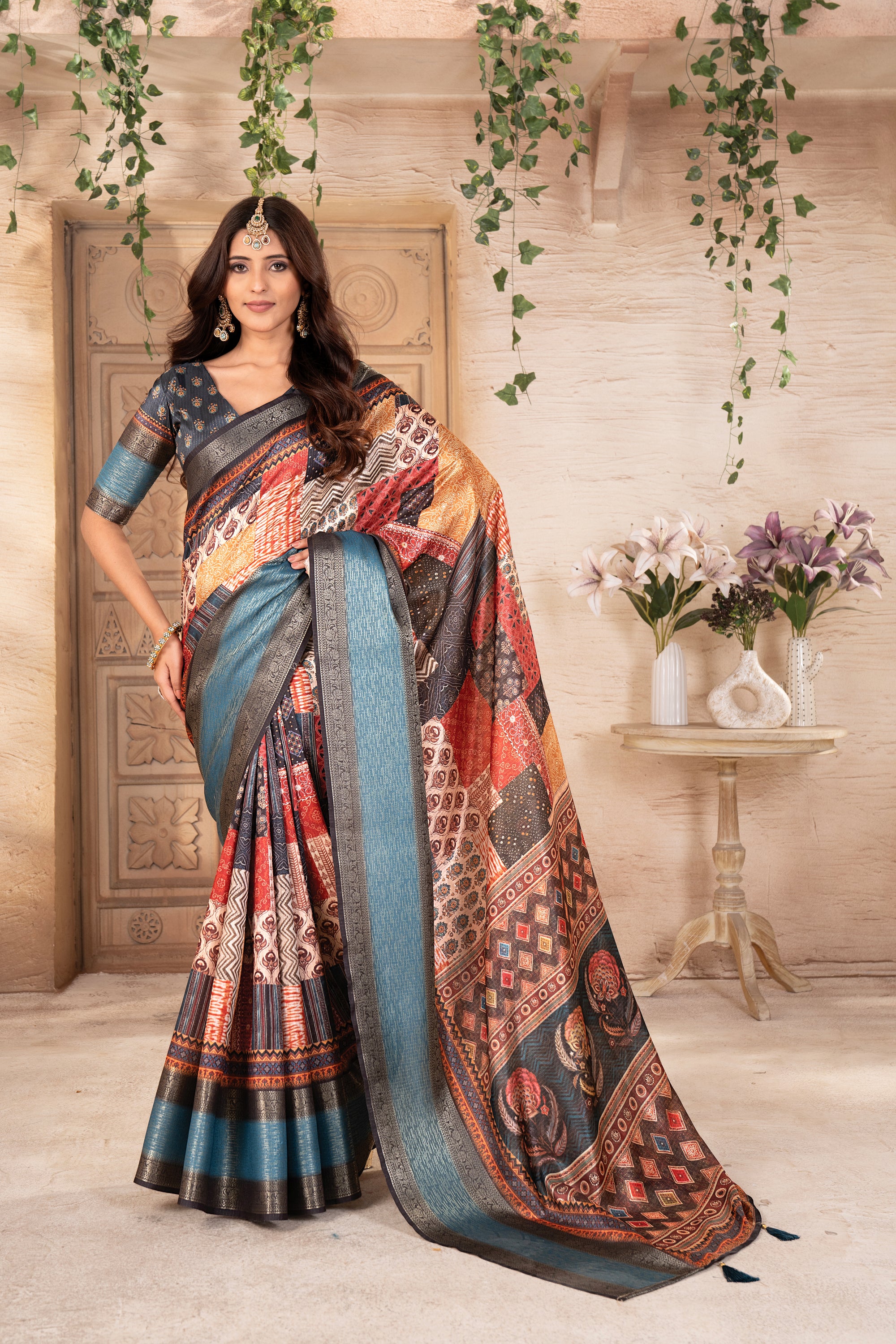 Multicolor Ajrak Dola Daman Zari Pashmina Saree