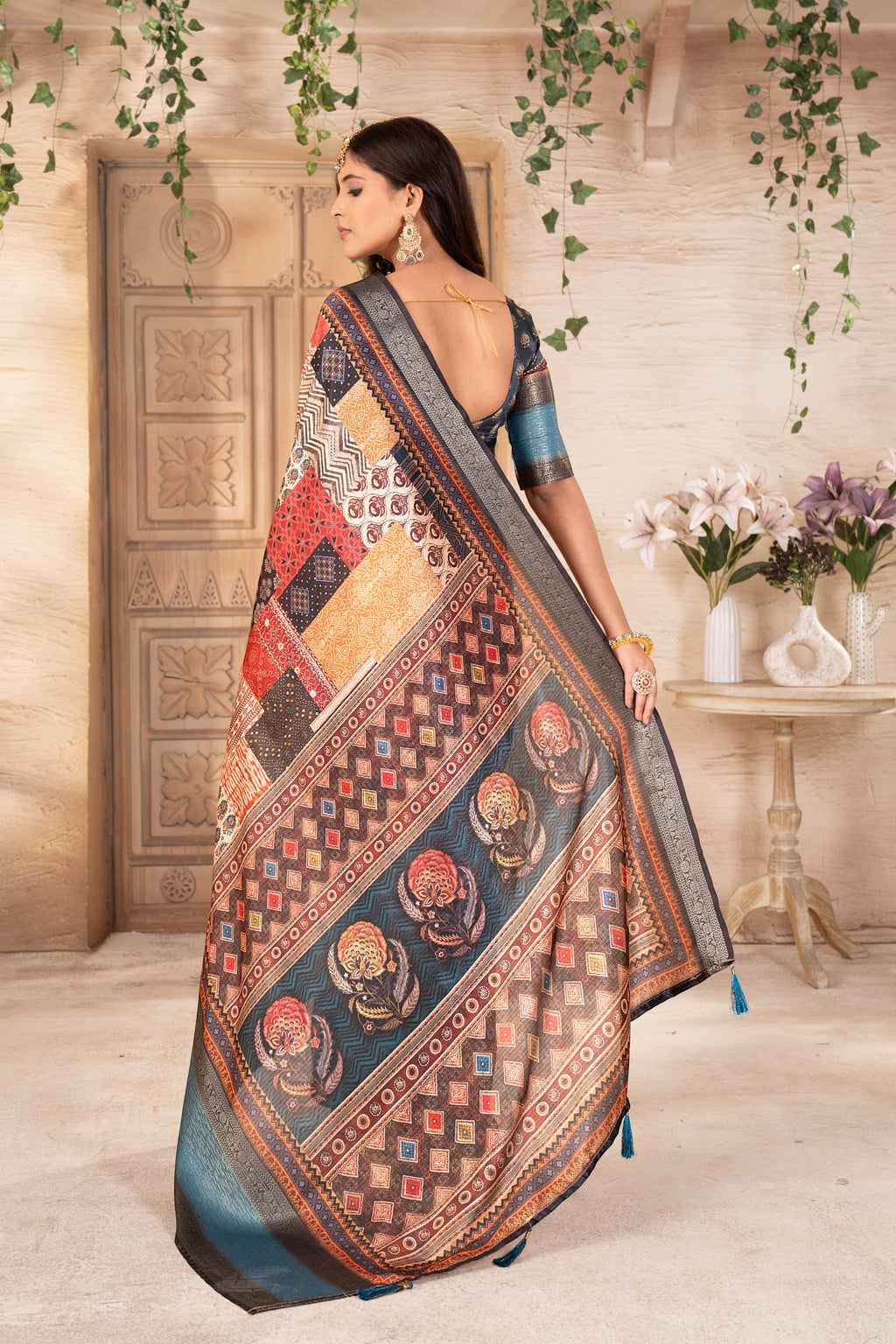 Multicolor Ajrak Dola Daman Zari Pashmina Saree