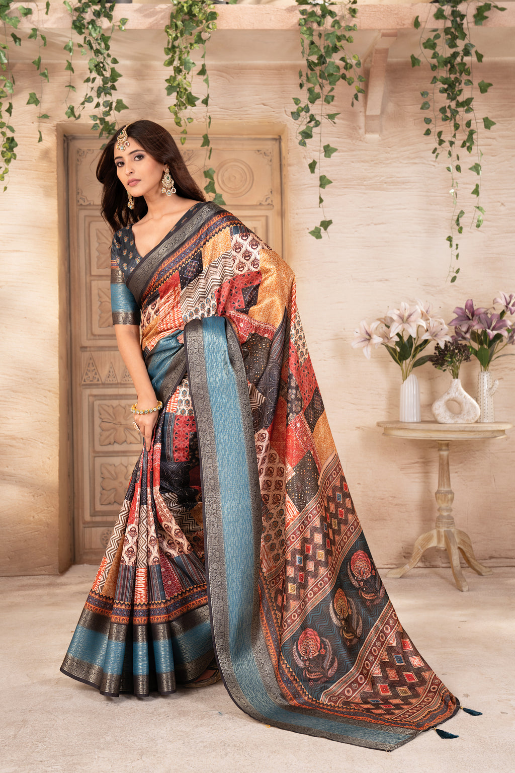 Multicolor Ajrak Dola Daman Zari Pashmina Saree