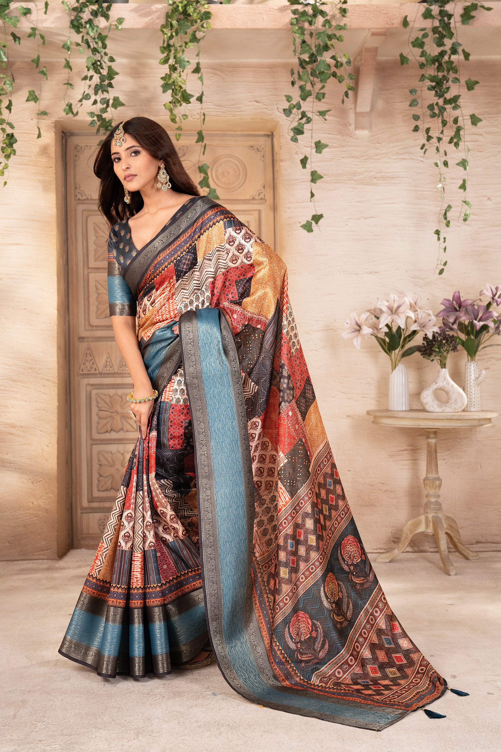 Multicolor Ajrak Dola Daman Zari Pashmina Saree