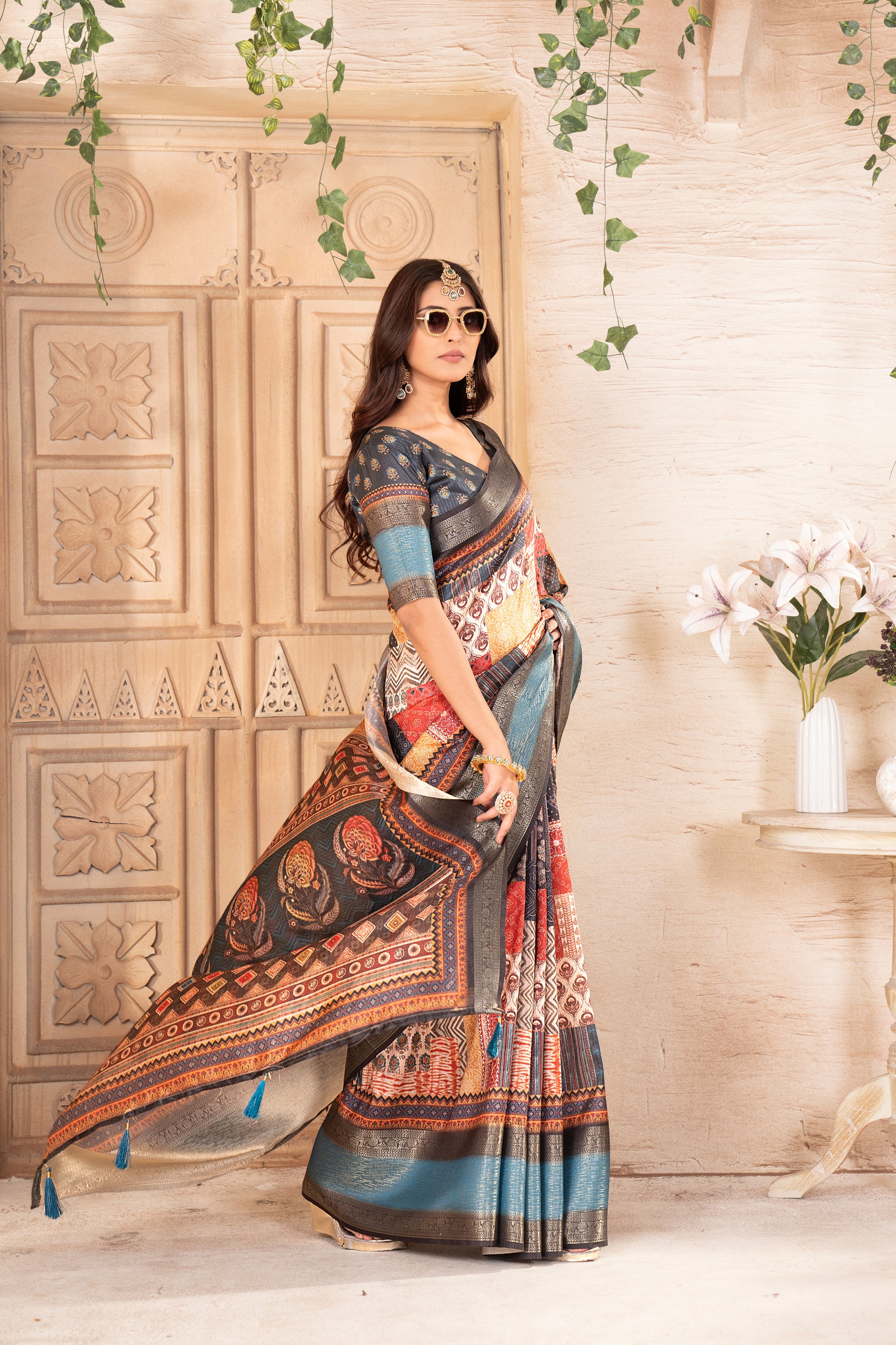 Multicolor Ajrak Dola Daman Zari Pashmina Saree