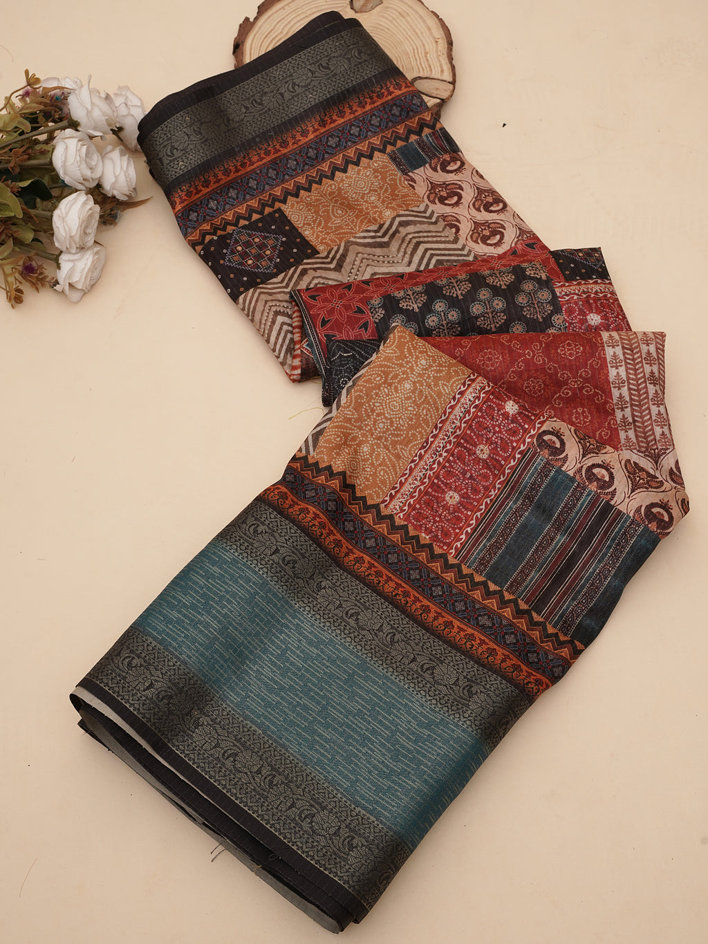 Multicolor Ajrak Dola Daman Zari Pashmina Saree