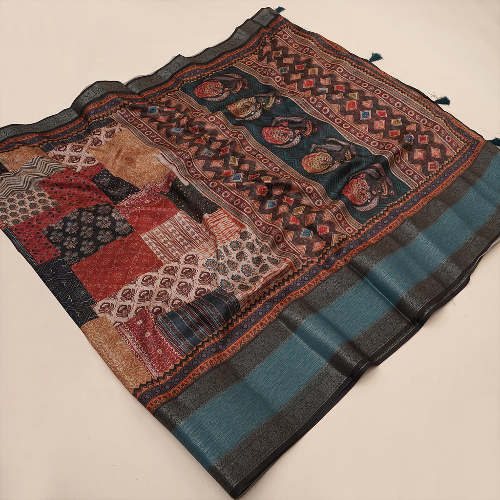 Multicolor Ajrak Dola Daman Zari Pashmina Saree