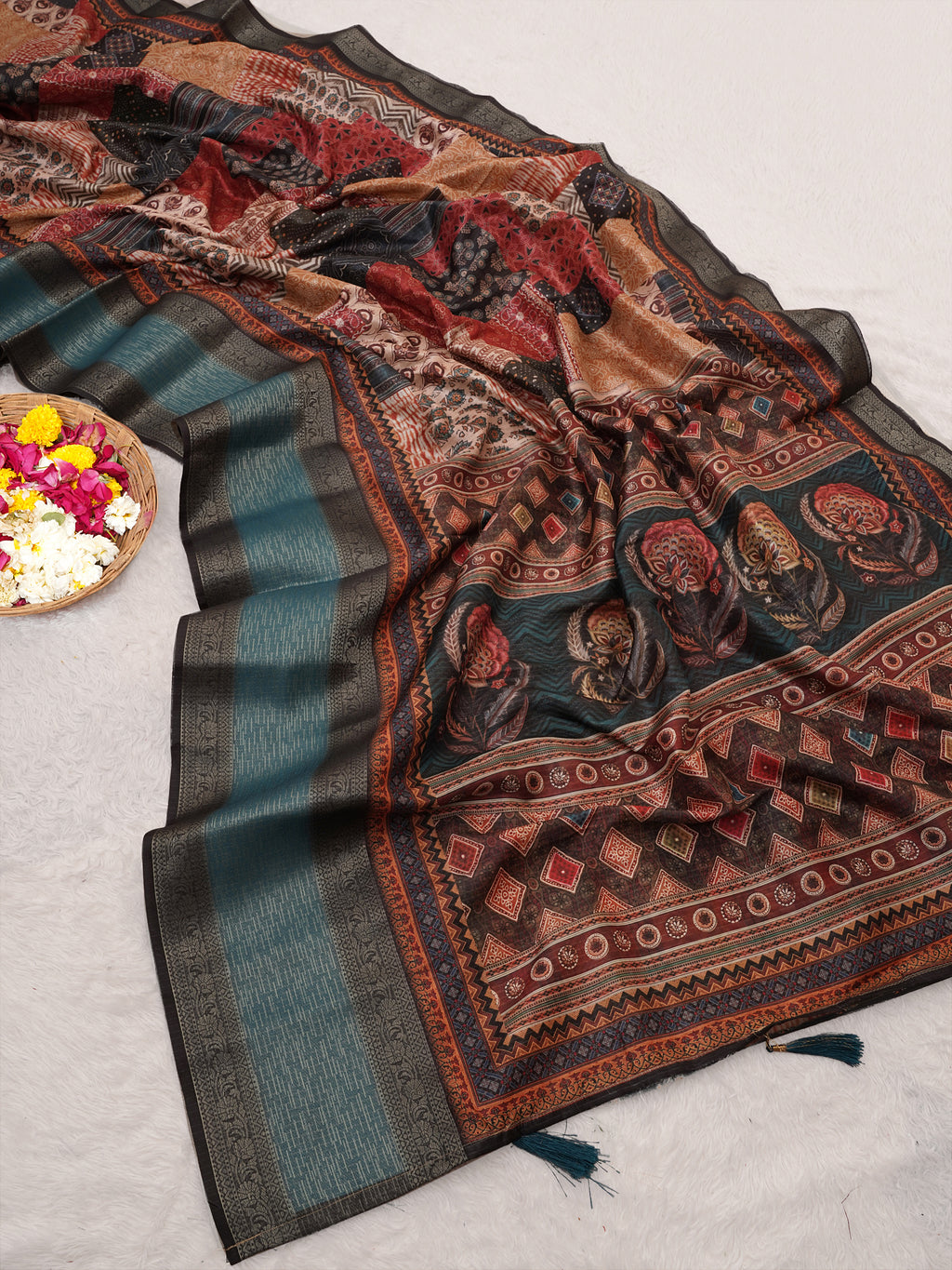 Multicolor Ajrak Dola Daman Zari Pashmina Saree