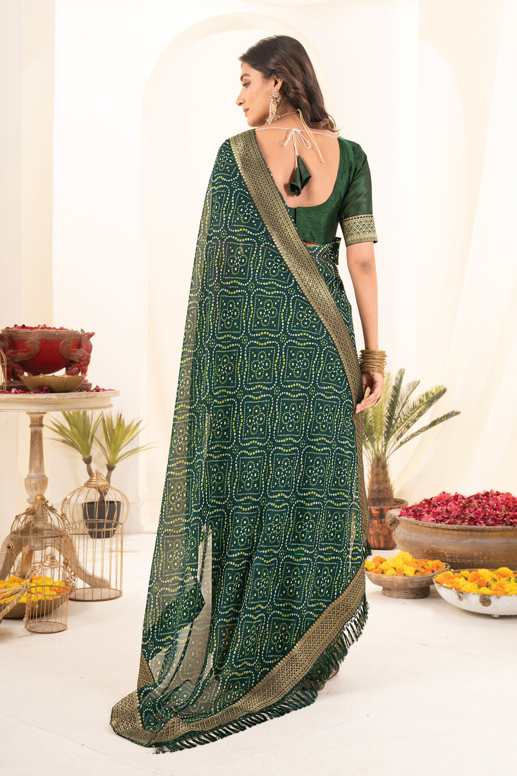 Premium Green Printed Bandhani Georgette Saree