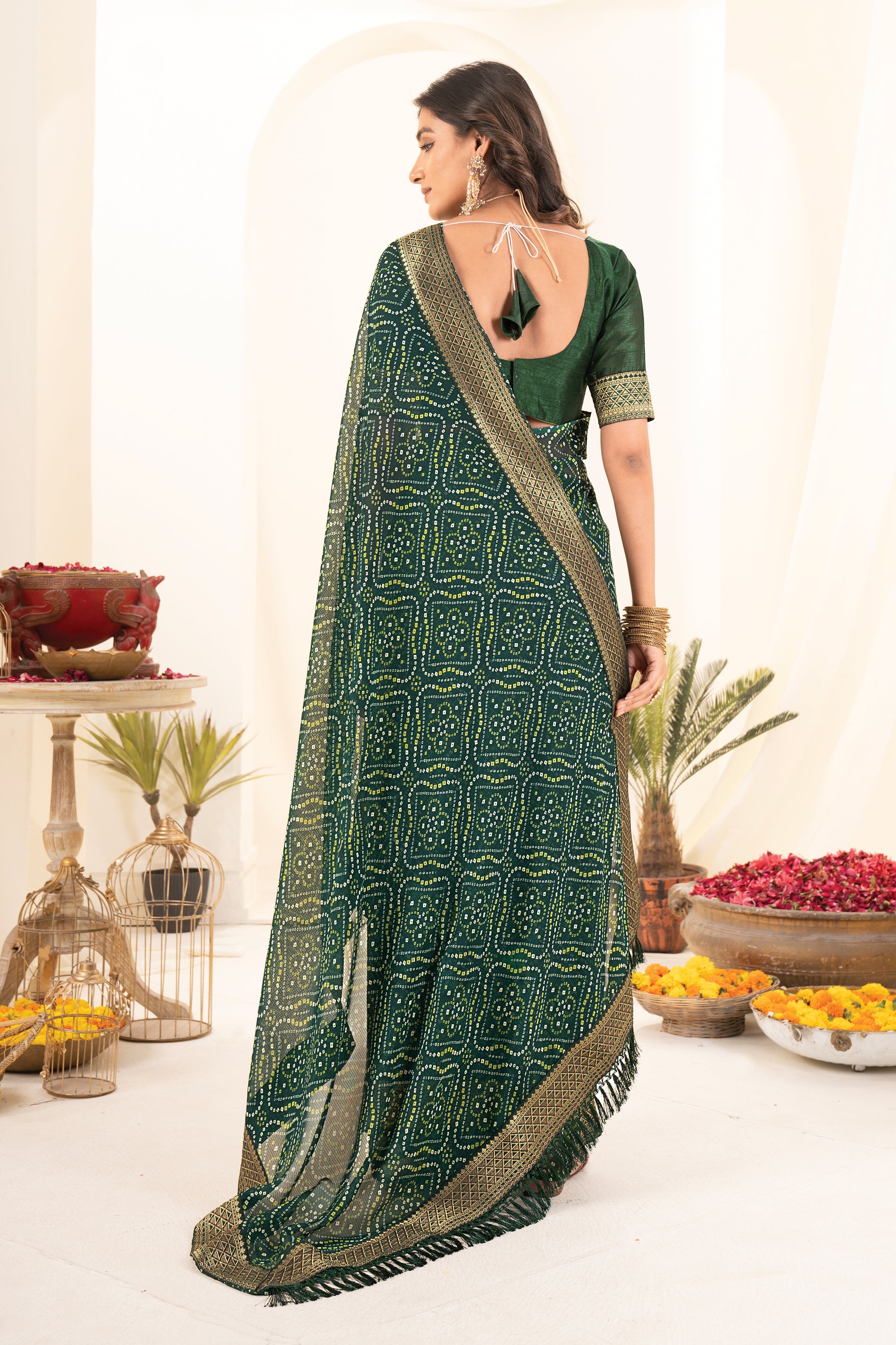 Premium Green Printed Bandhani Georgette Saree
