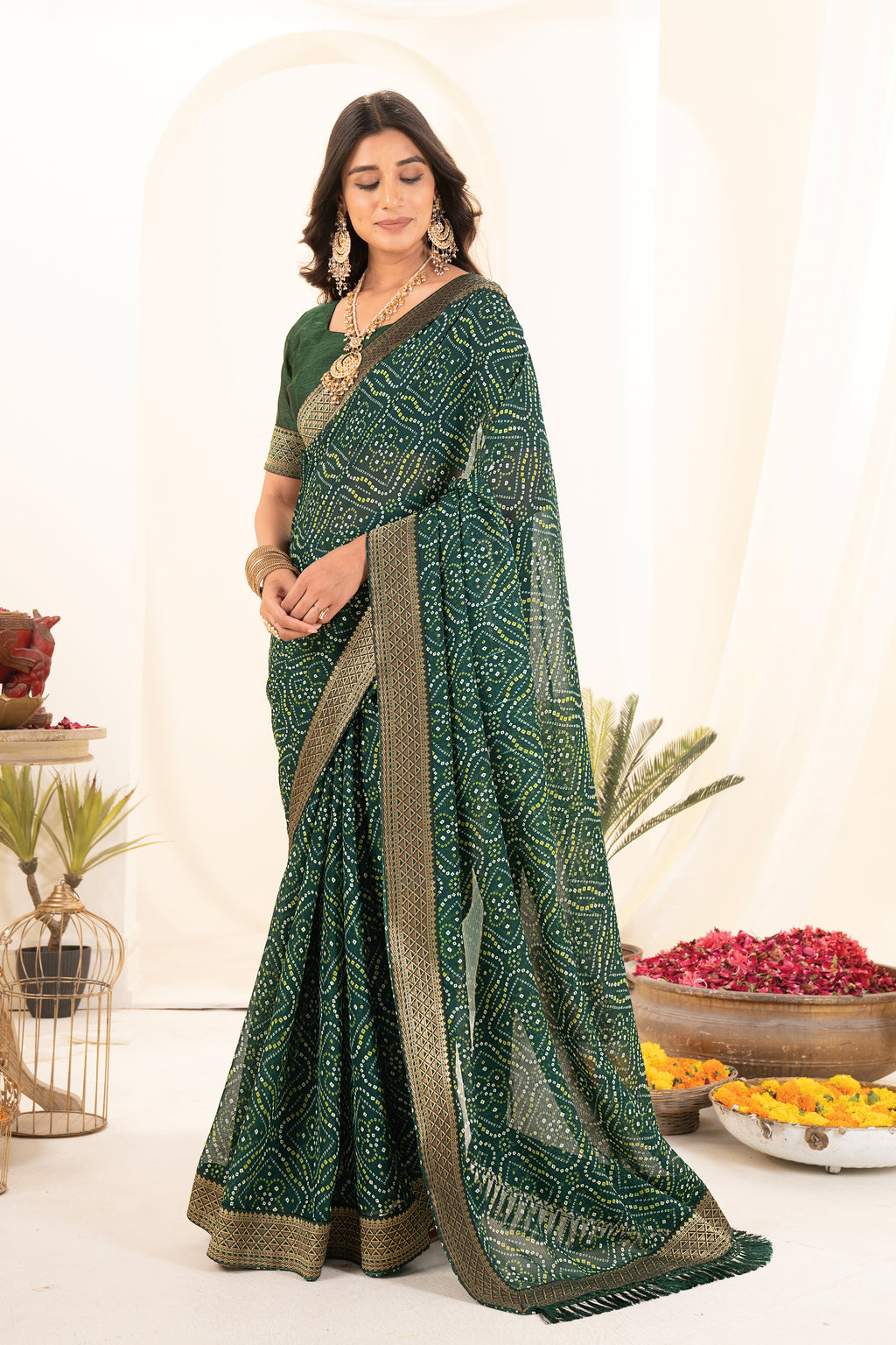 Premium Green Printed Bandhani Georgette Saree