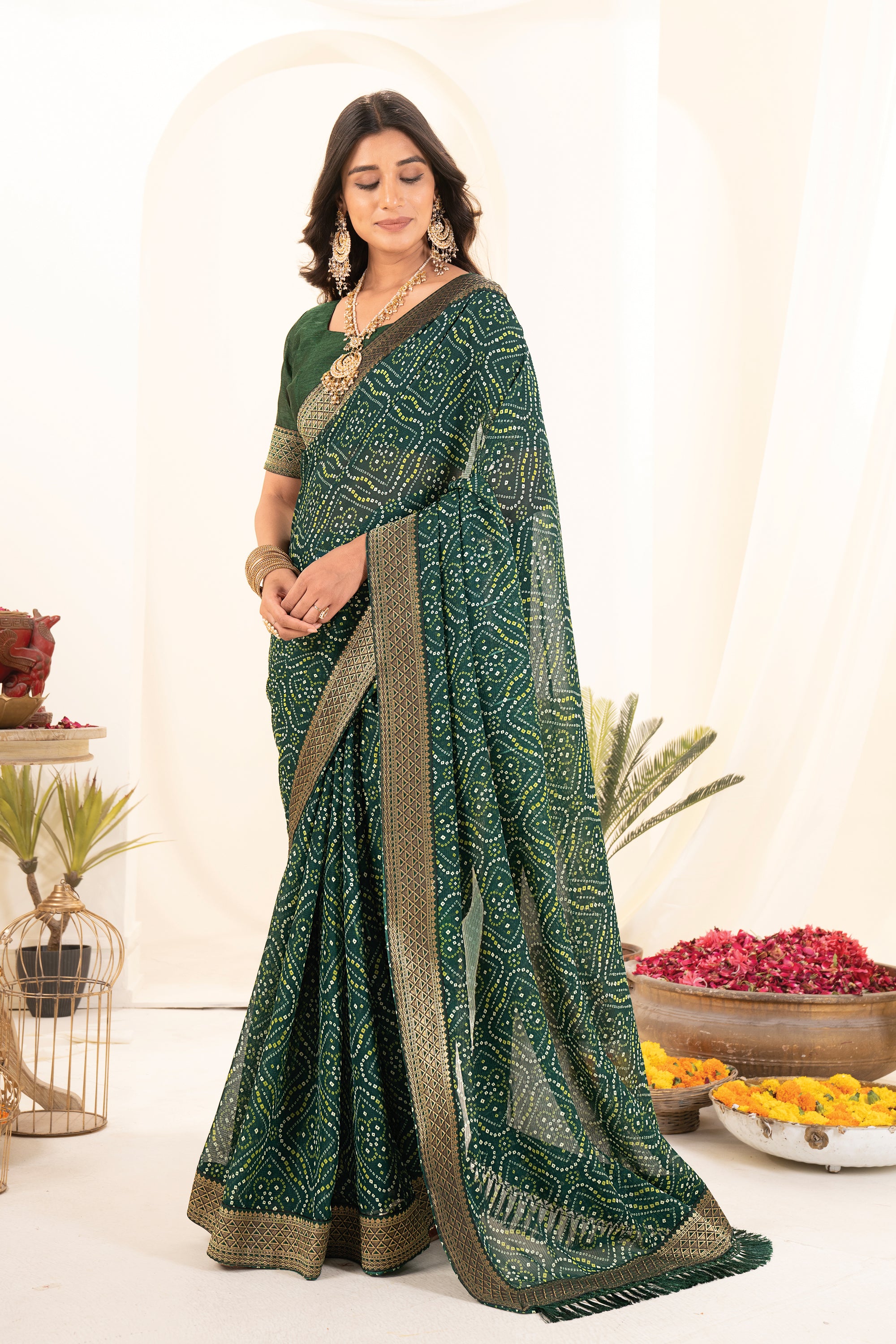 Premium Green Printed Bandhani Georgette Saree
