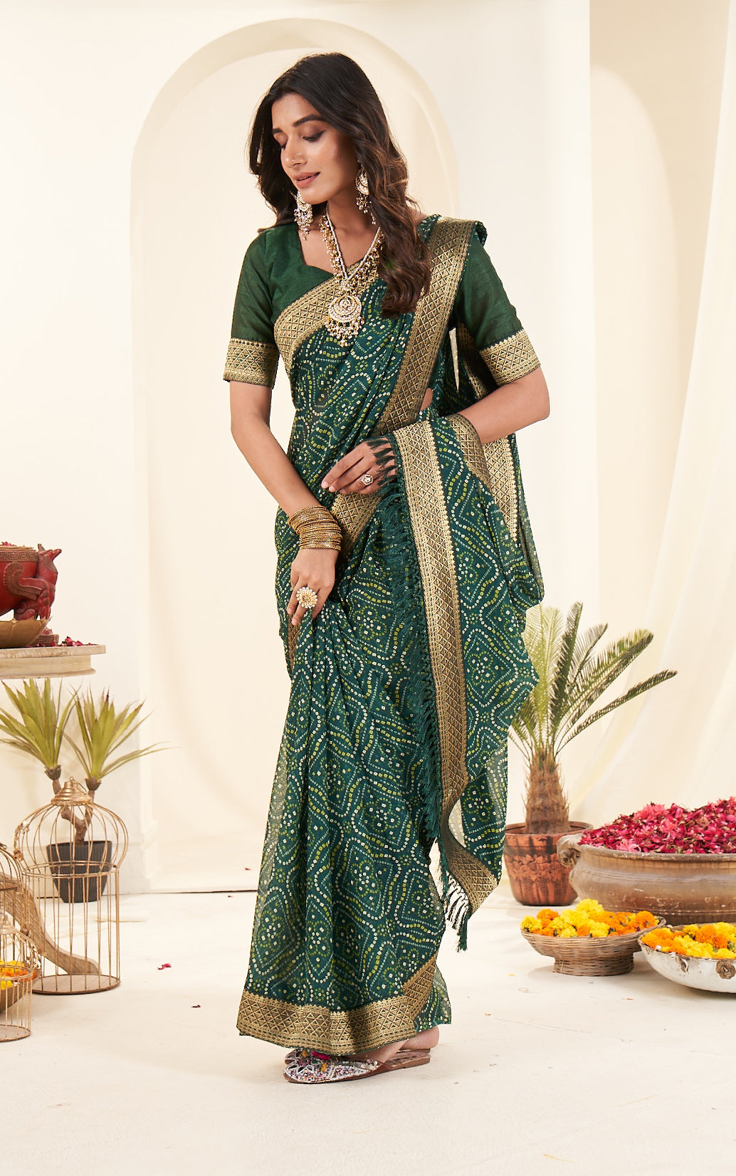 Premium Green Printed Bandhani Georgette Saree