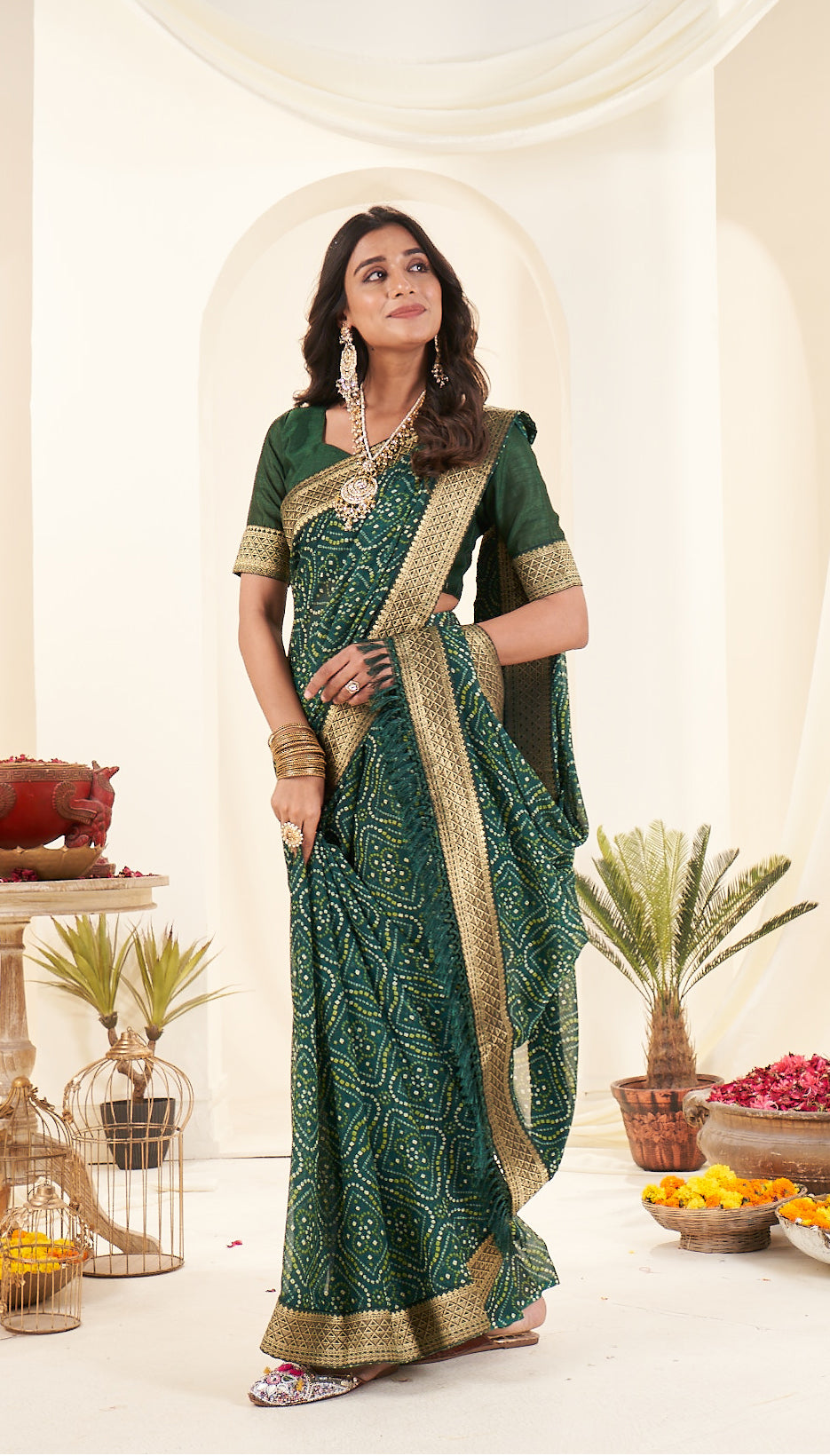 Premium Green Printed Bandhani Georgette Saree