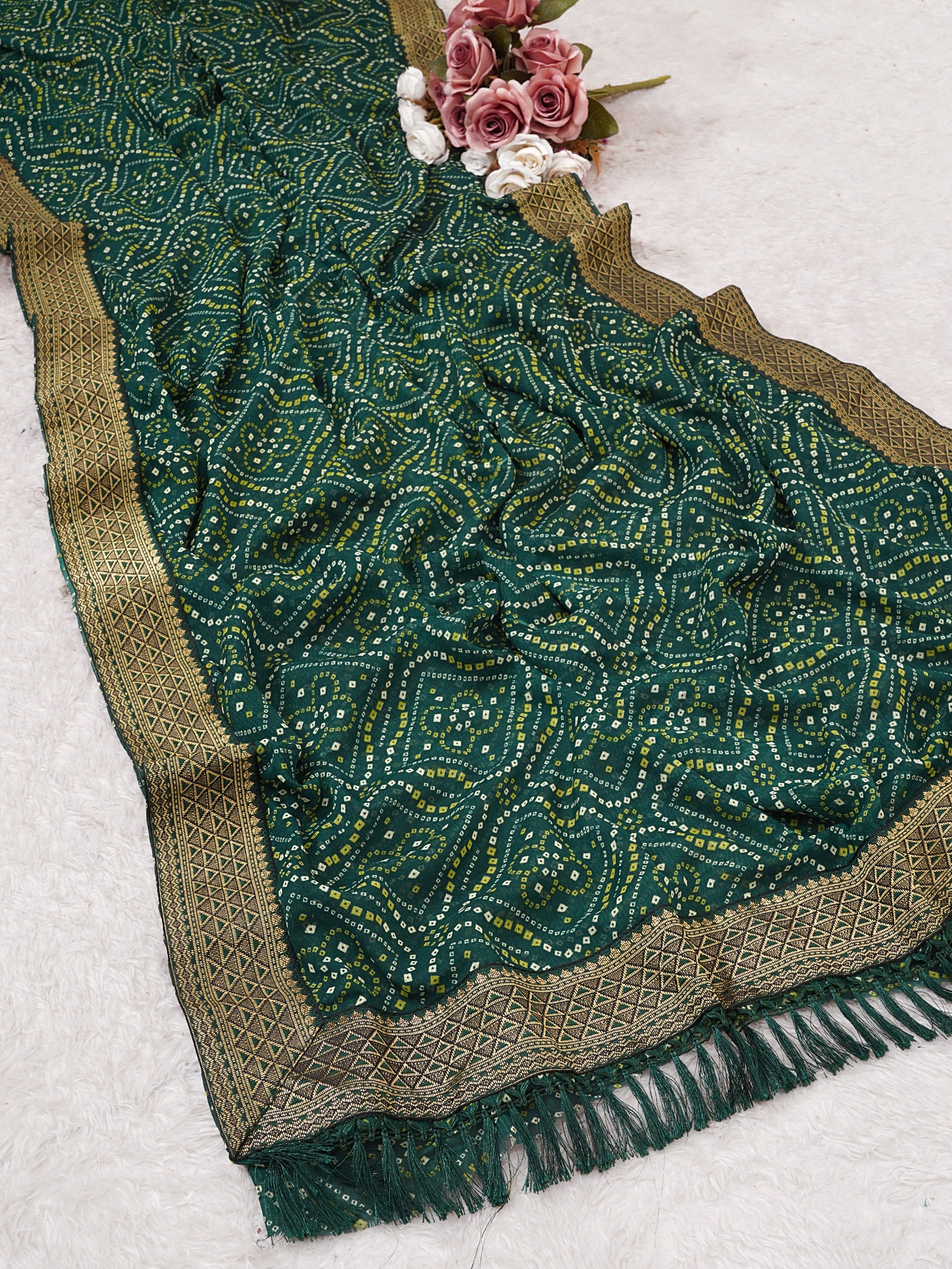 Premium Green Printed Bandhani Georgette Saree