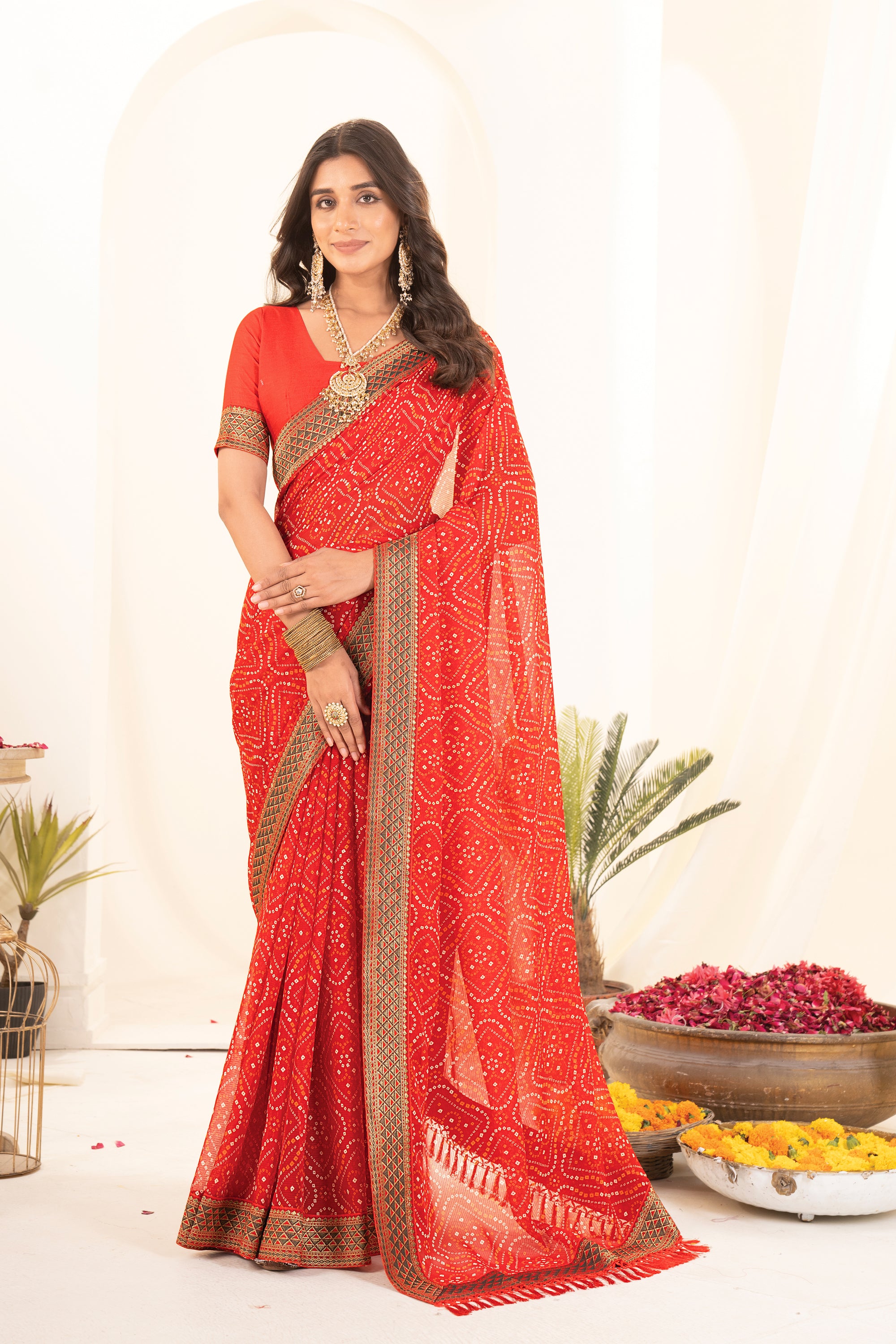 Red Printed Bandhani Georgette Saree