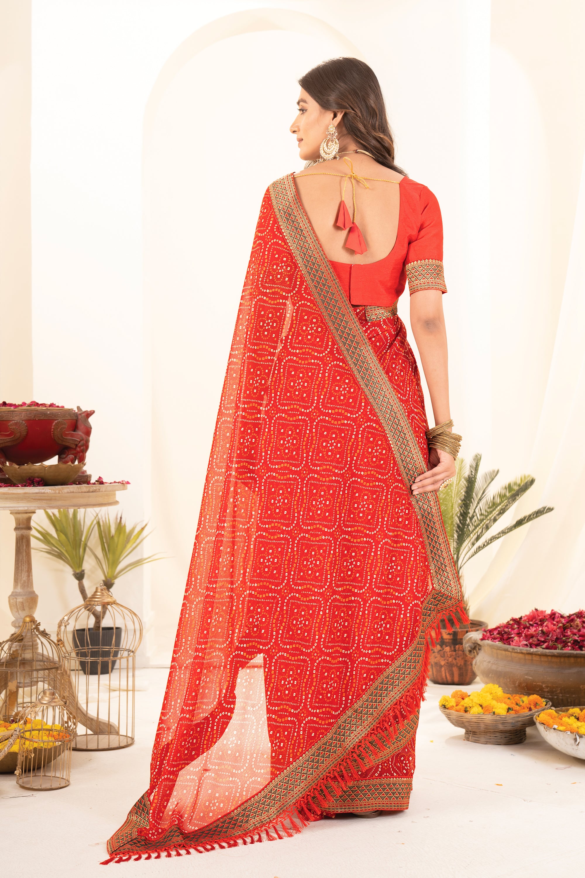 Red Printed Bandhani Georgette Saree