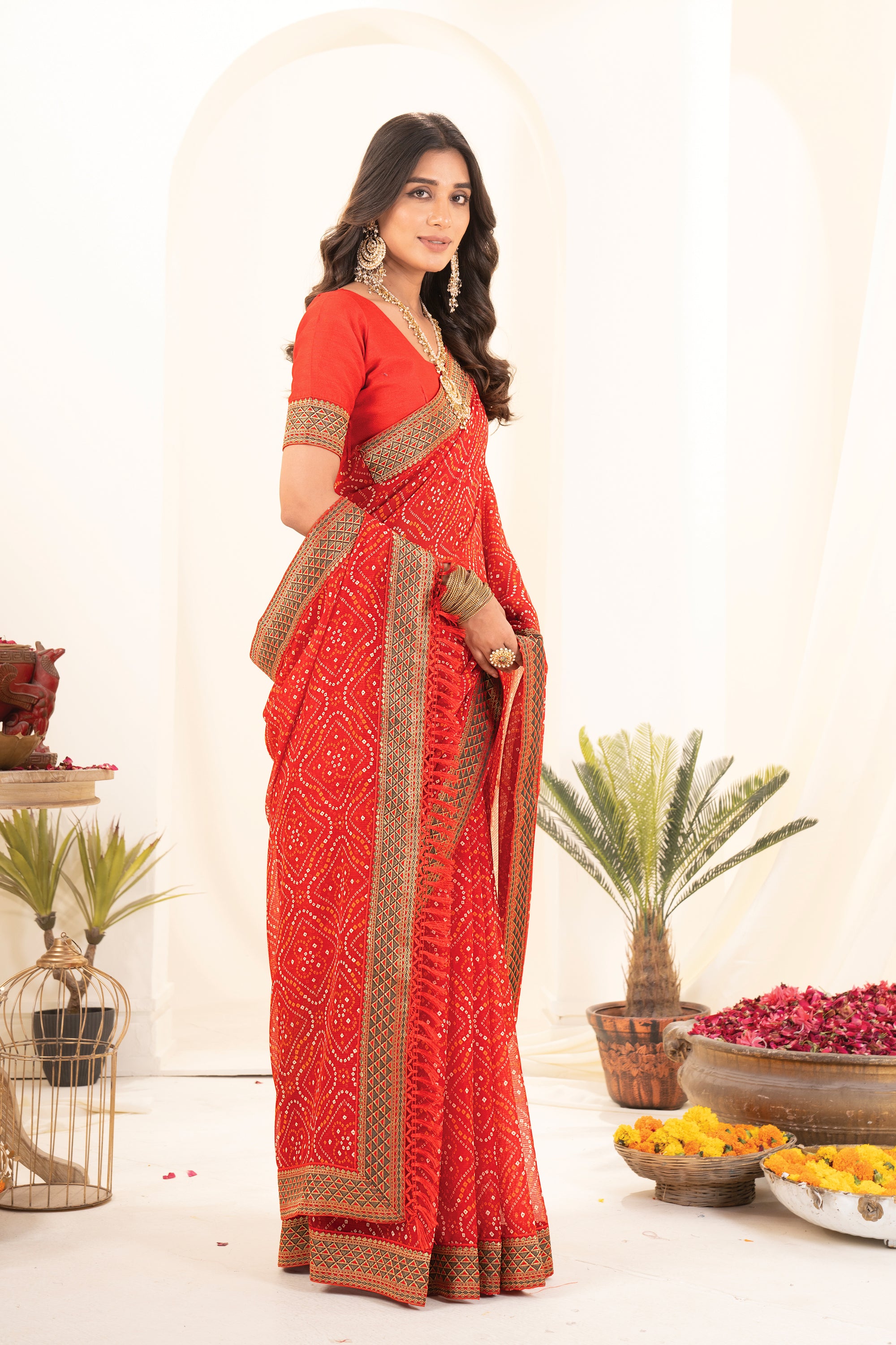 Red Printed Bandhani Georgette Saree