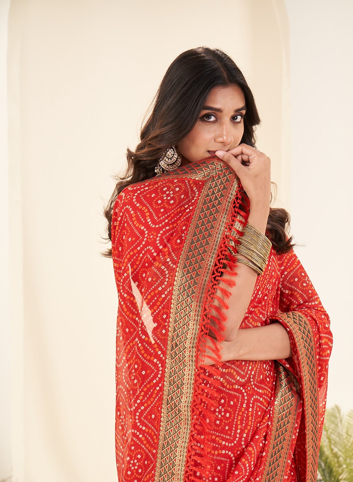 Red Printed Bandhani Georgette Saree