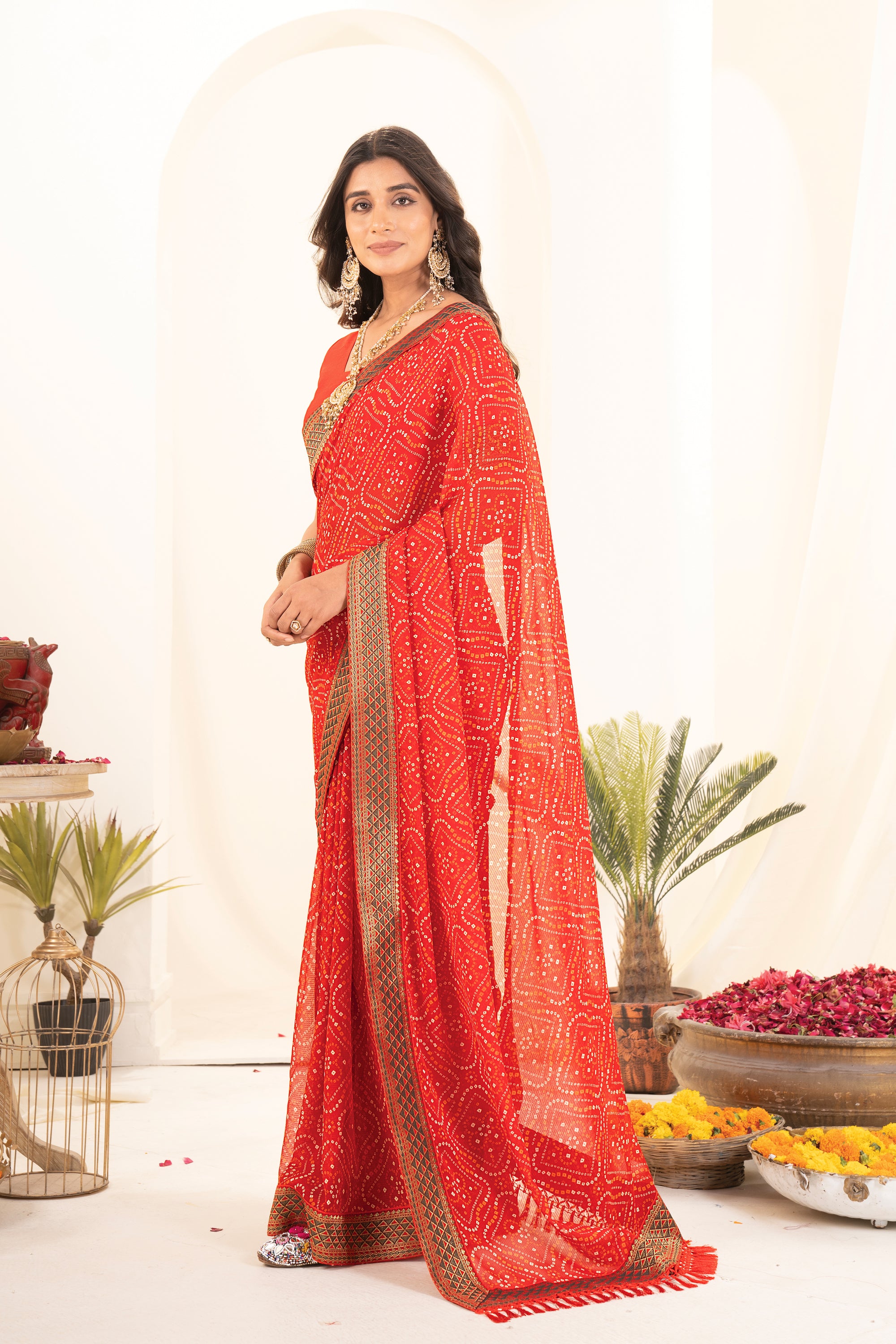 Red Printed Bandhani Georgette Saree