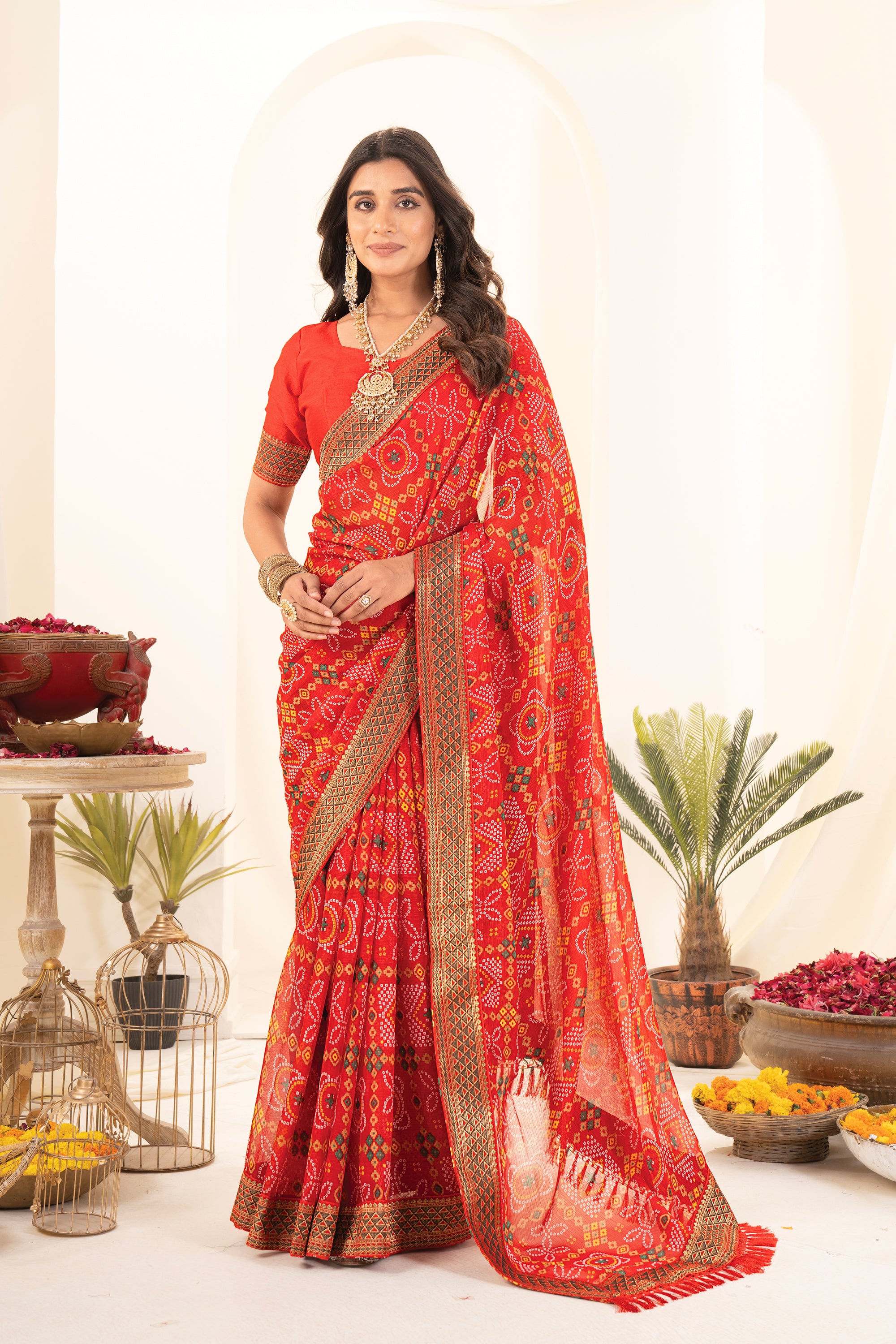 Premium Tomato Red Printed Bandhani Georgette Saree