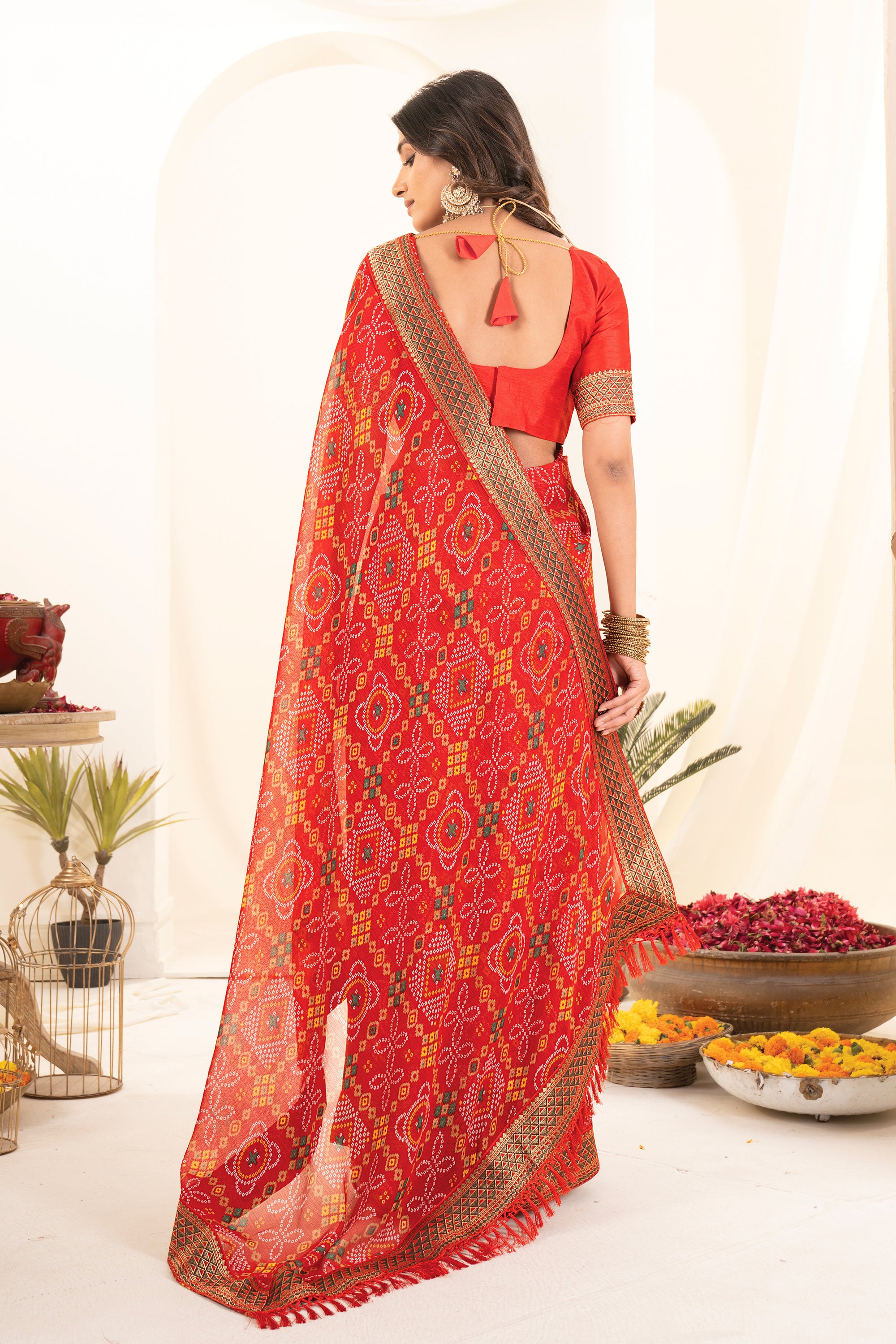 Premium Tomato Red Printed Bandhani Georgette Saree