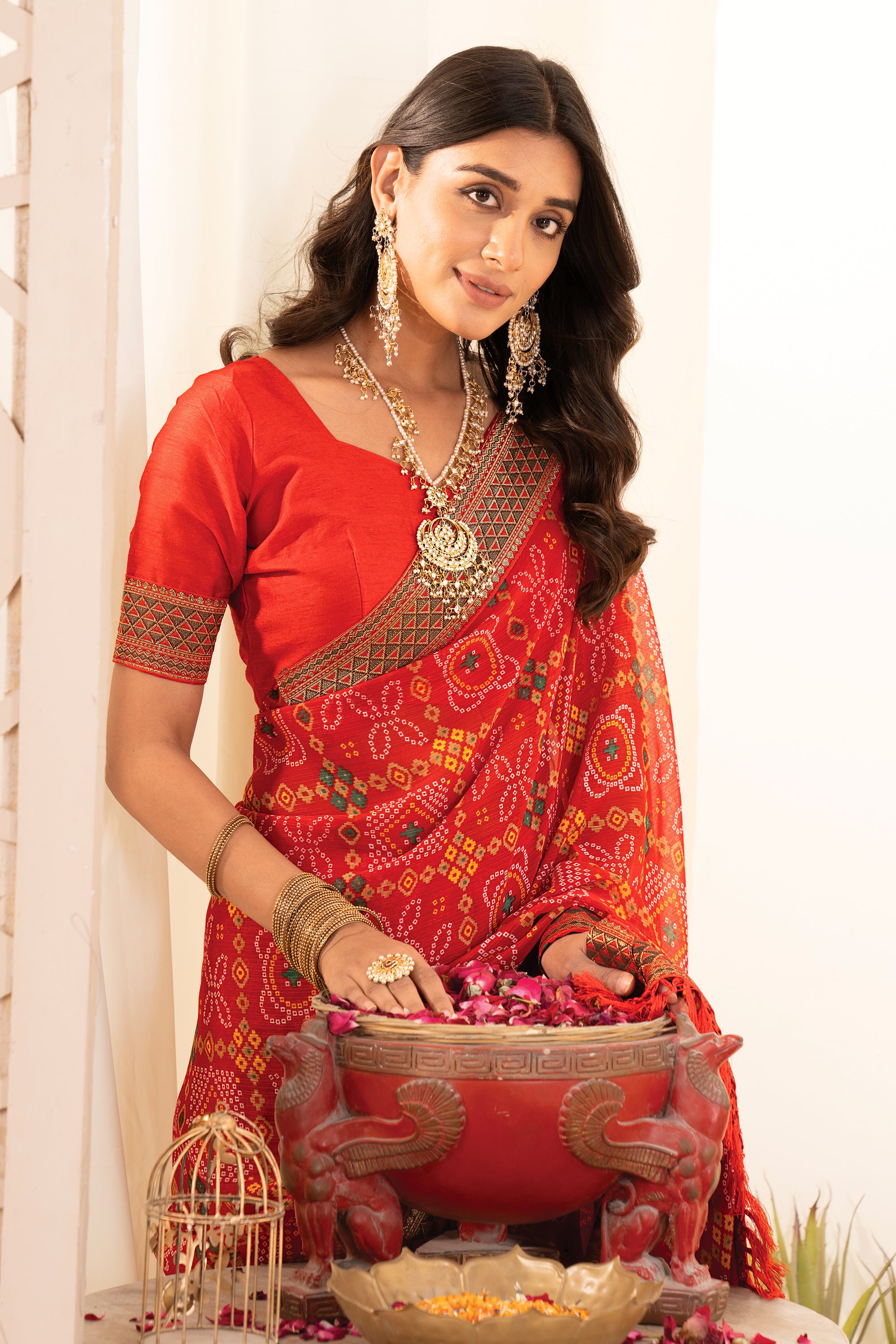 Premium Tomato Red Printed Bandhani Georgette Saree