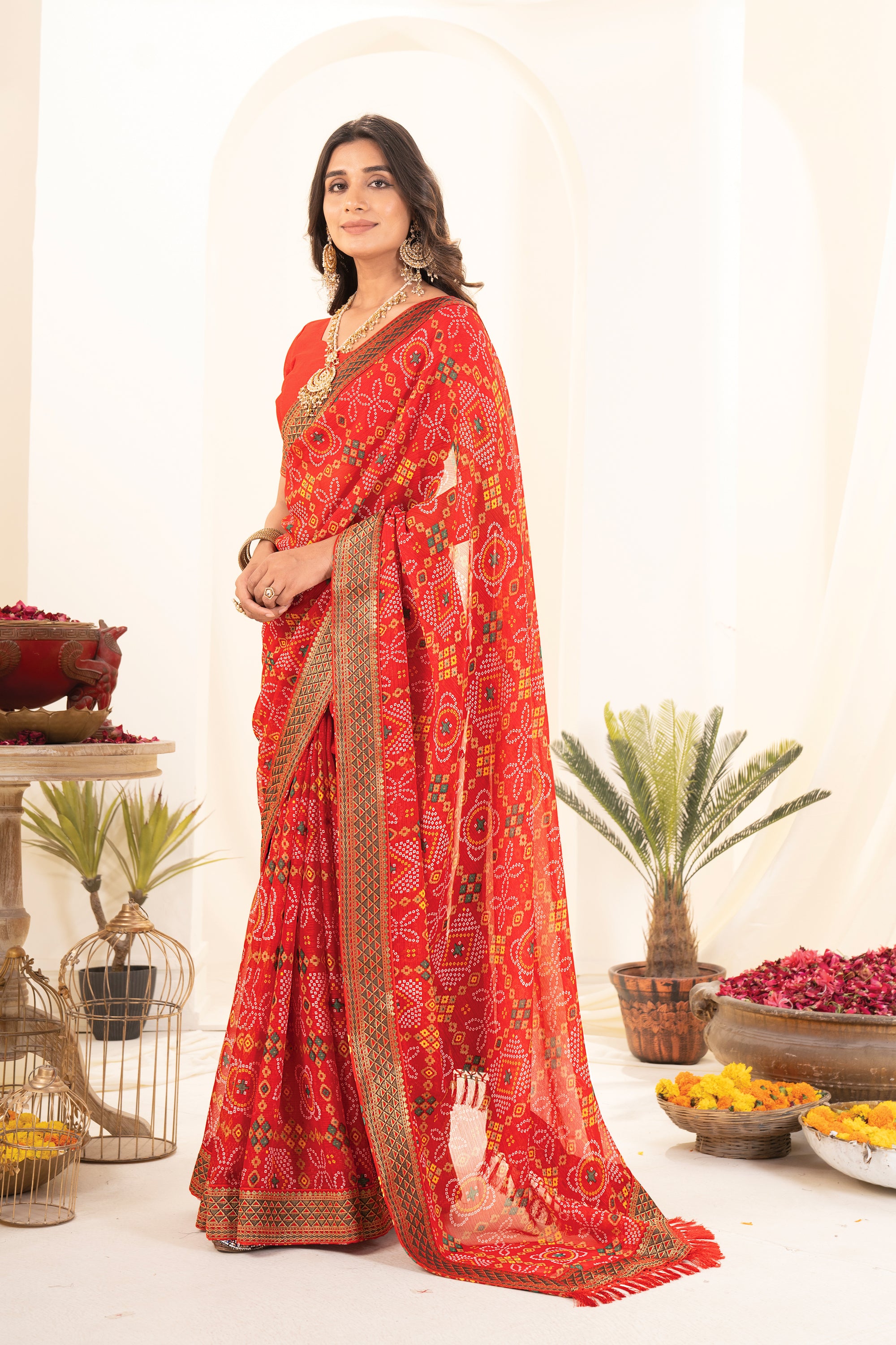 Premium Tomato Red Printed Bandhani Georgette Saree