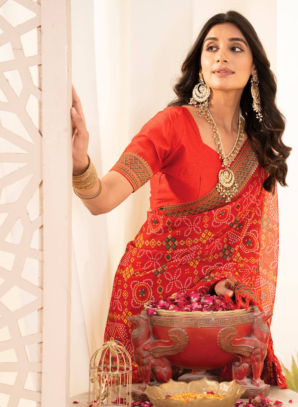 Premium Tomato Red Printed Bandhani Georgette Saree