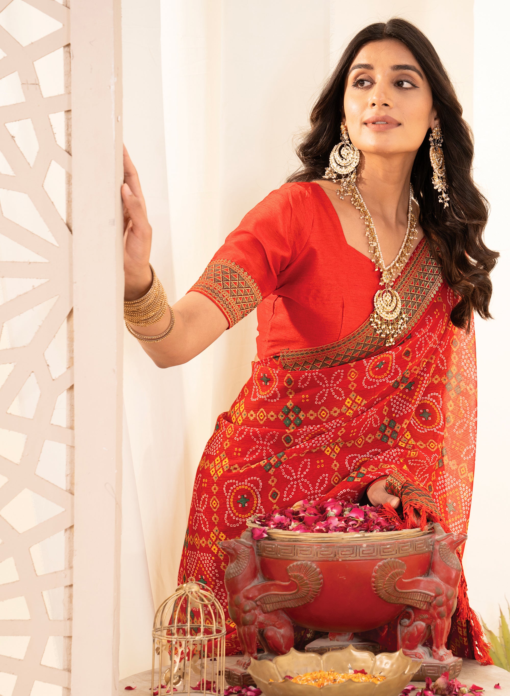 Premium Tomato Red Printed Bandhani Georgette Saree