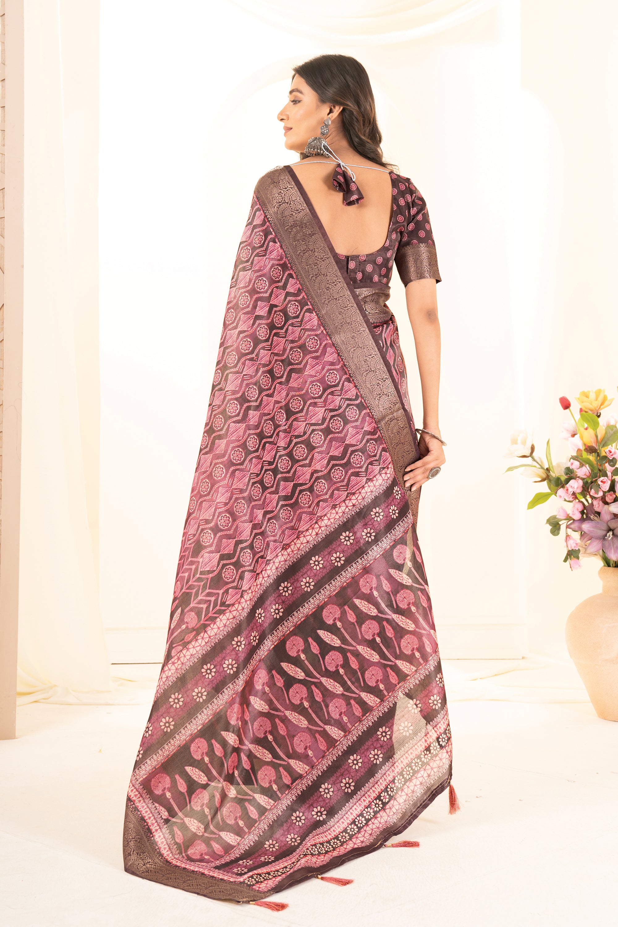 Cherry Red Ajrak Print Tusser Silk Saree
