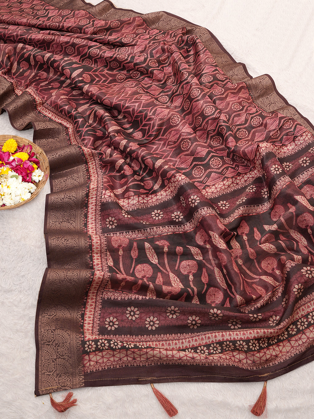 Cherry Red Ajrak Print Tusser Silk Saree