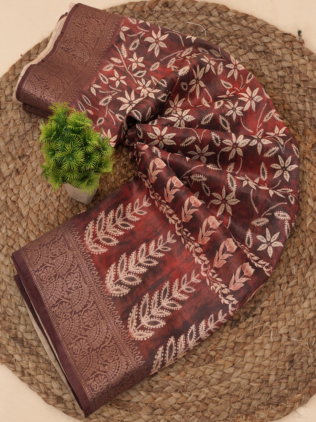 Light Maroon Floral & Leaf Digital Print Tusser Silk Saree