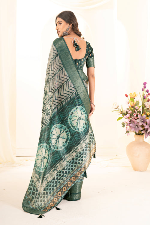 Bottle Green Digital Geometric & Tie-Dye Print Tusser Silk Saree