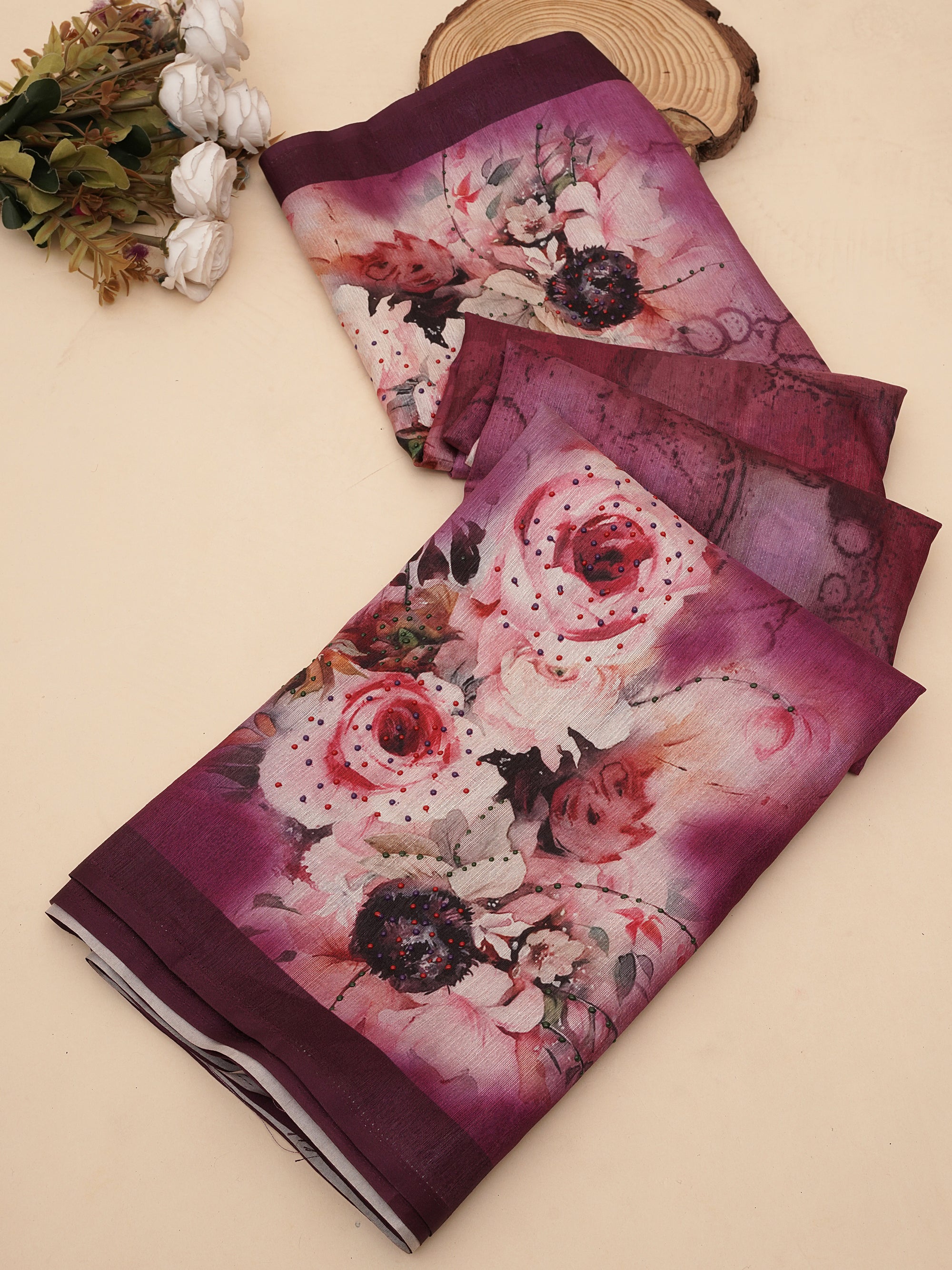 Purple Tusser Silk Floral Digital Printed Saree