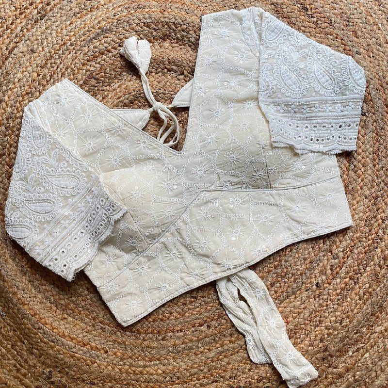 Pearl & Bead Handcrafted Work Silk Off White Blouse