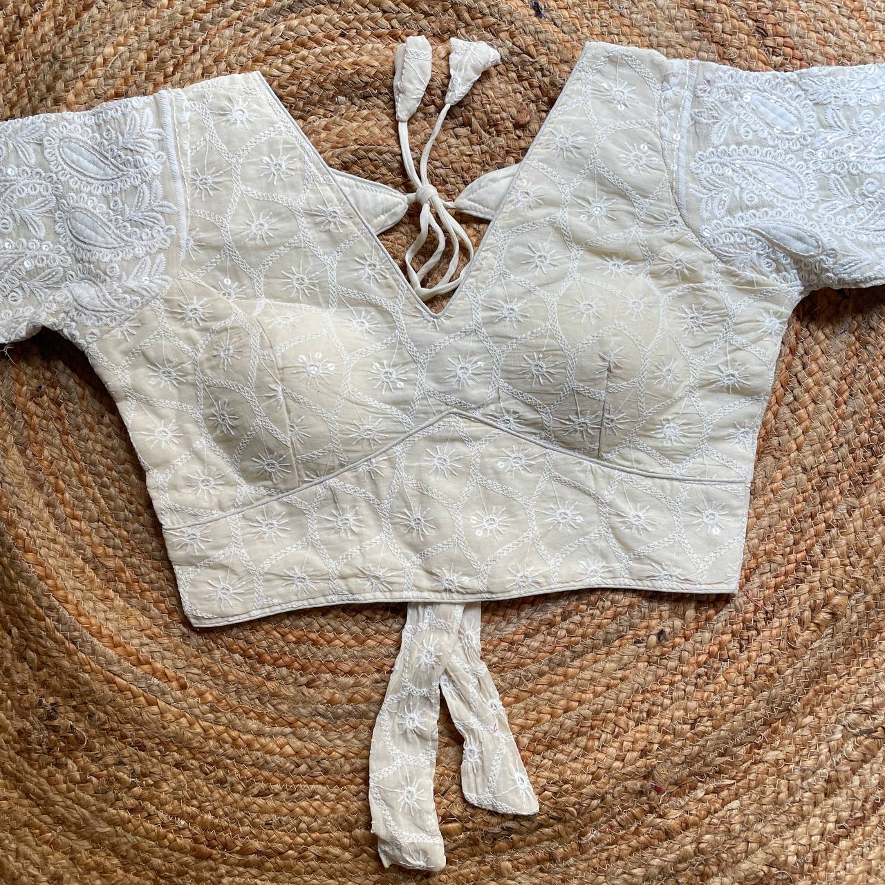 Pearl & Bead Handcrafted Work Silk Off White Blouse