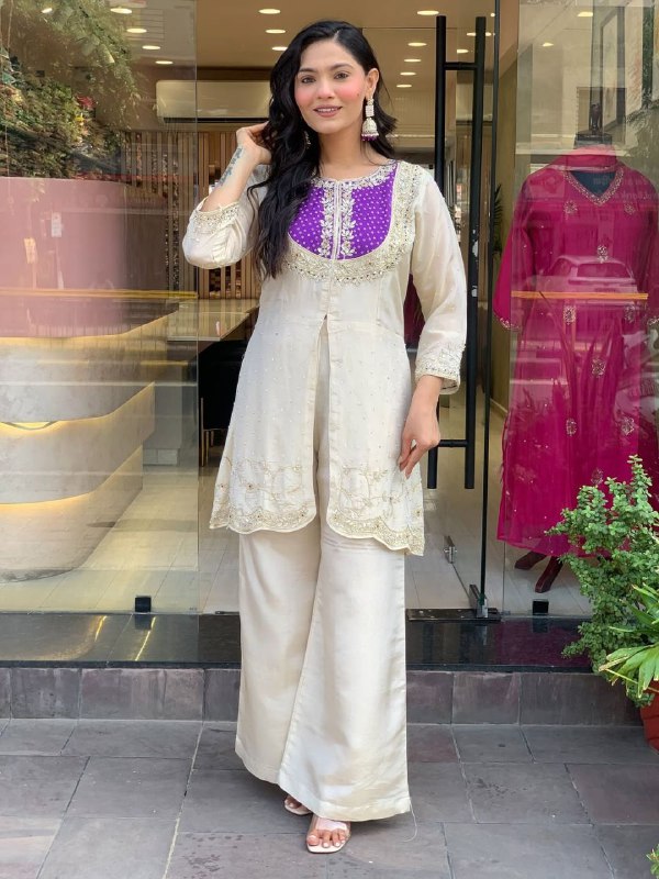 Embroidered Blue White Two-Piece Palazzo Sharara Suit