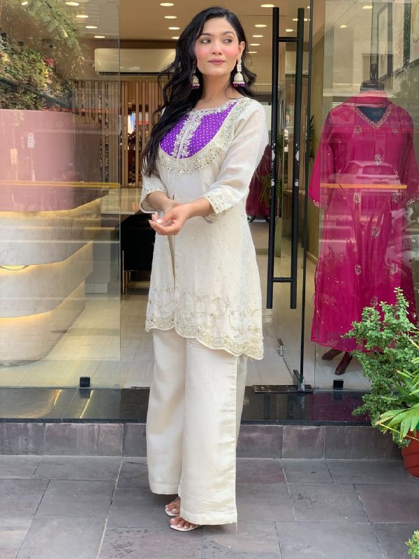 Embroidered Blue White Two-Piece Palazzo Sharara Suit