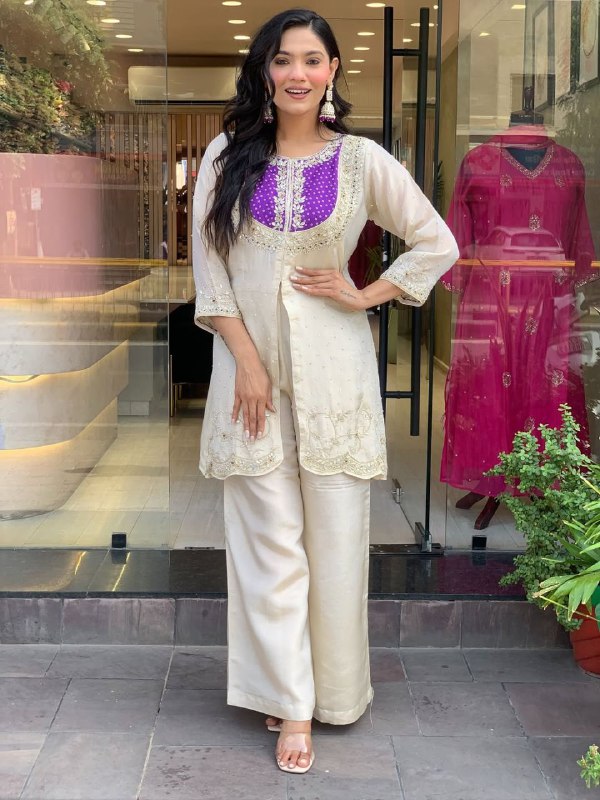 Embroidered Blue White Two-Piece Palazzo Sharara Suit