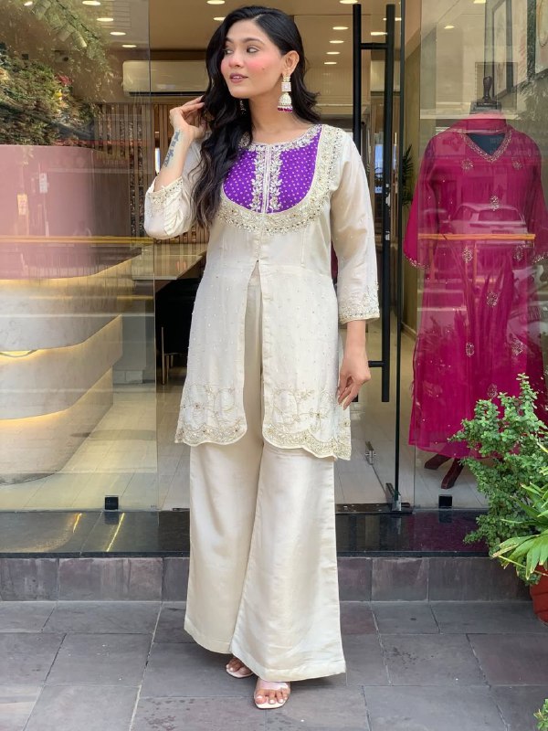 Embroidered Blue White Two-Piece Palazzo Sharara Suit