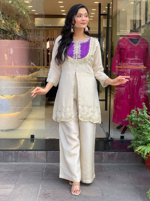 Embroidered Blue White Two-Piece Palazzo Sharara Suit