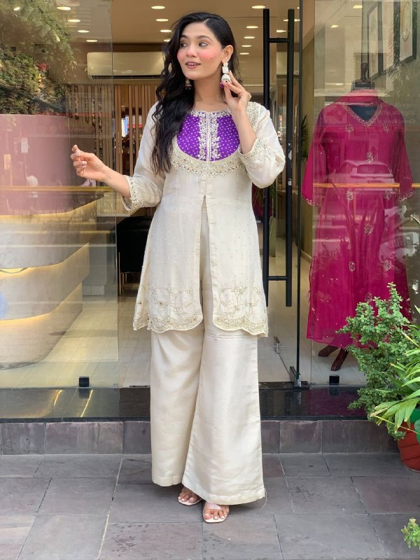 Embroidered Blue White Two-Piece Palazzo Sharara Suit